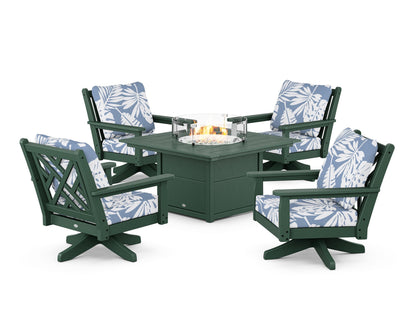 POLYWOOD® Chippendale 5-Piece Deep Seating Swivel Conversation Set with Fire Pit Table in Green / Leaf Sky Blue