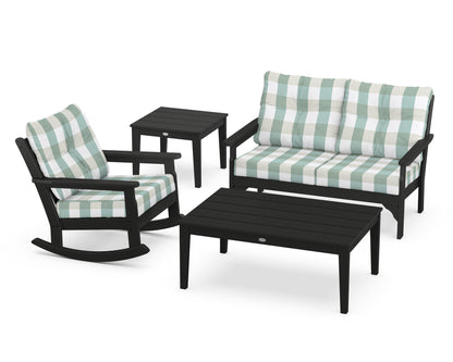 POLYWOOD® Vineyard 4-Piece Deep Seating Rocker Set in Black / Buffalo Plaid Glacier Spa