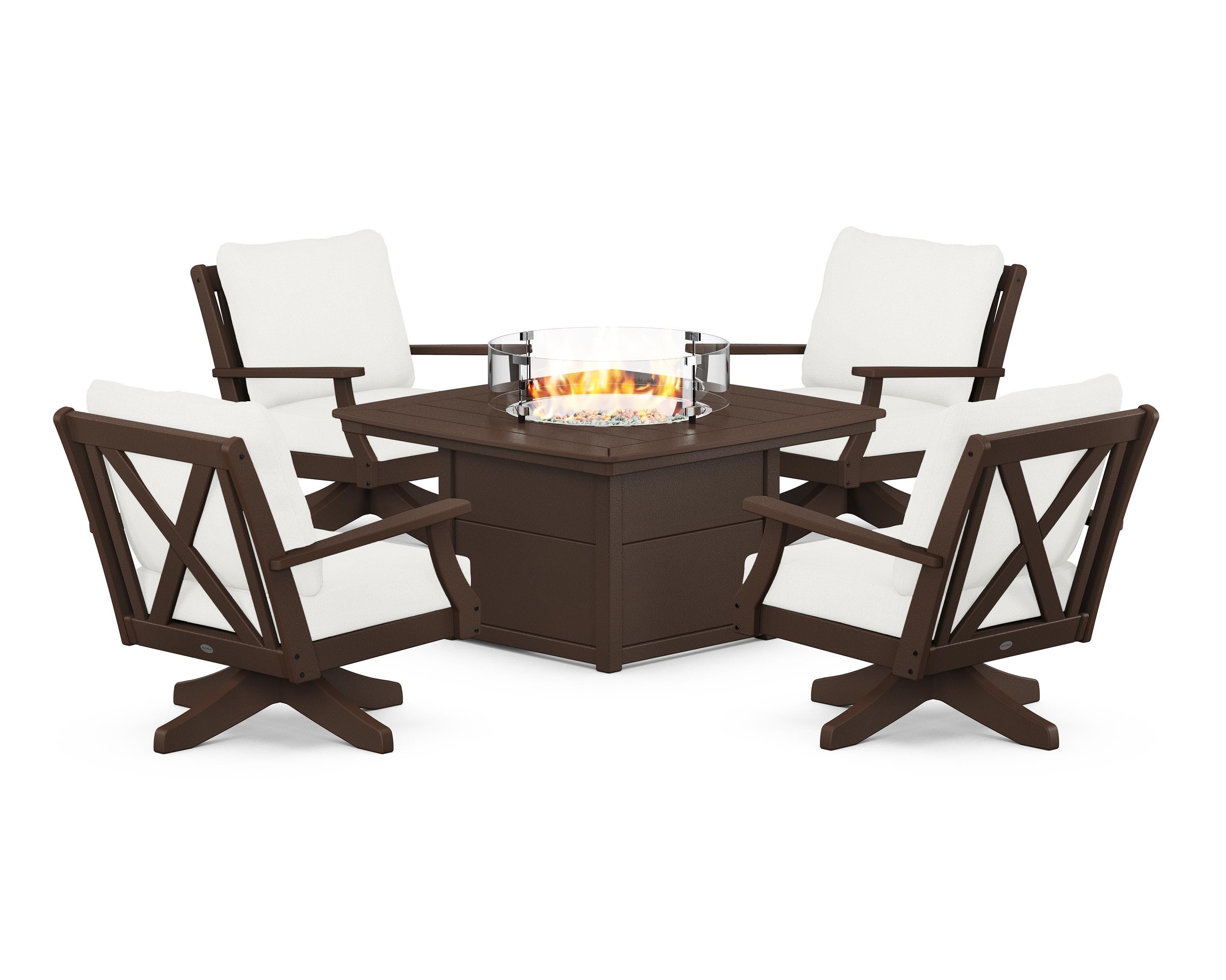 POLYWOOD® Braxton 5-Piece Deep Seating Swivel Conversation Set with Fire Pit Table in Mahogany / Natural Linen