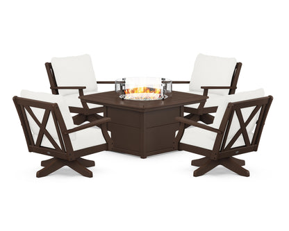 POLYWOOD® Braxton 5-Piece Deep Seating Swivel Conversation Set with Fire Pit Table in Mahogany / Natural Linen