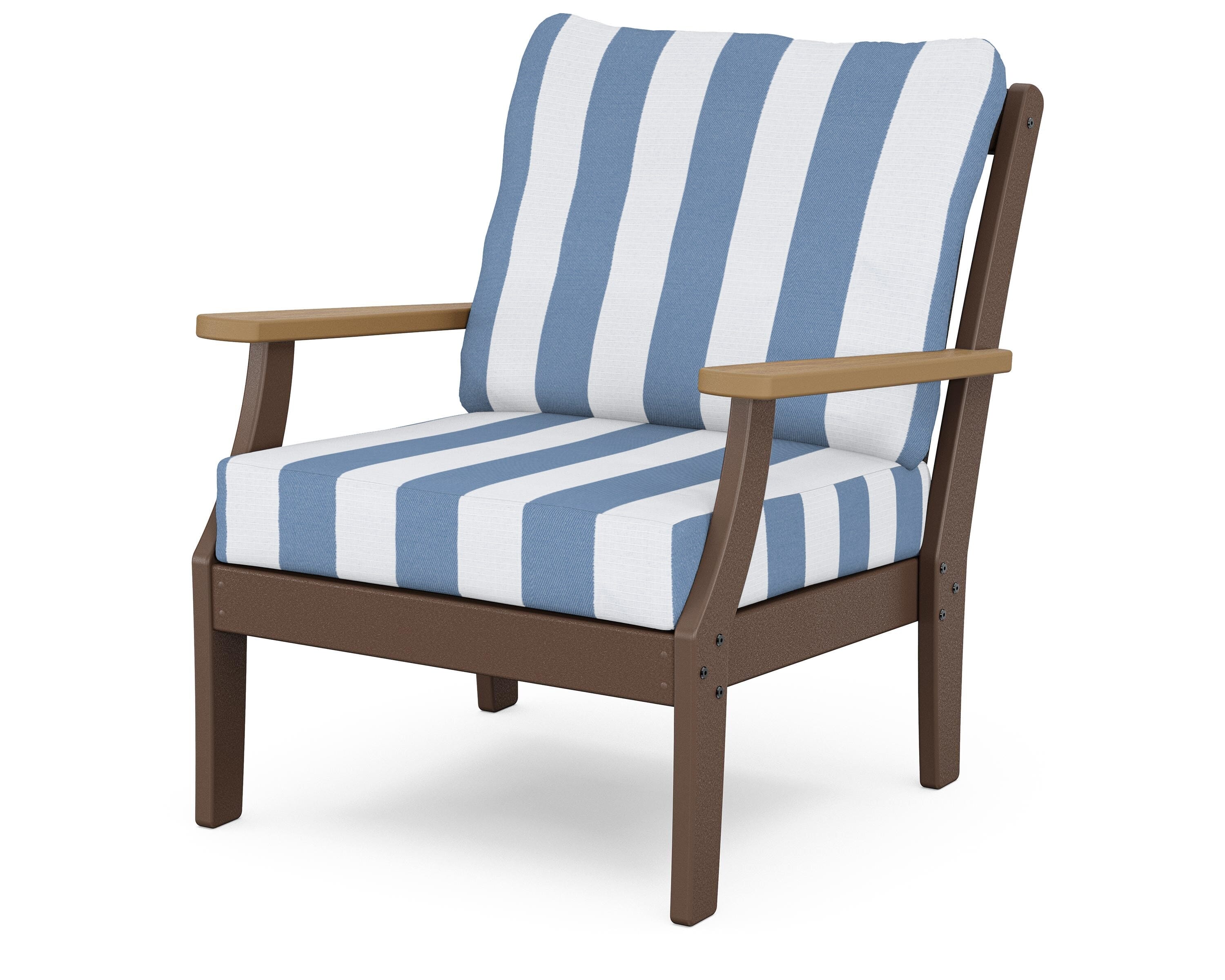 POLYWOOD® Braxton Deep Seating Chair in Mahogany / Natural / Cabana Stripe Sky Blue