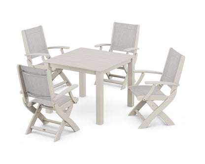 POLYWOOD® Coastal Folding Chair 5-Piece Parsons Dining Set in Sand / Parchment Sling