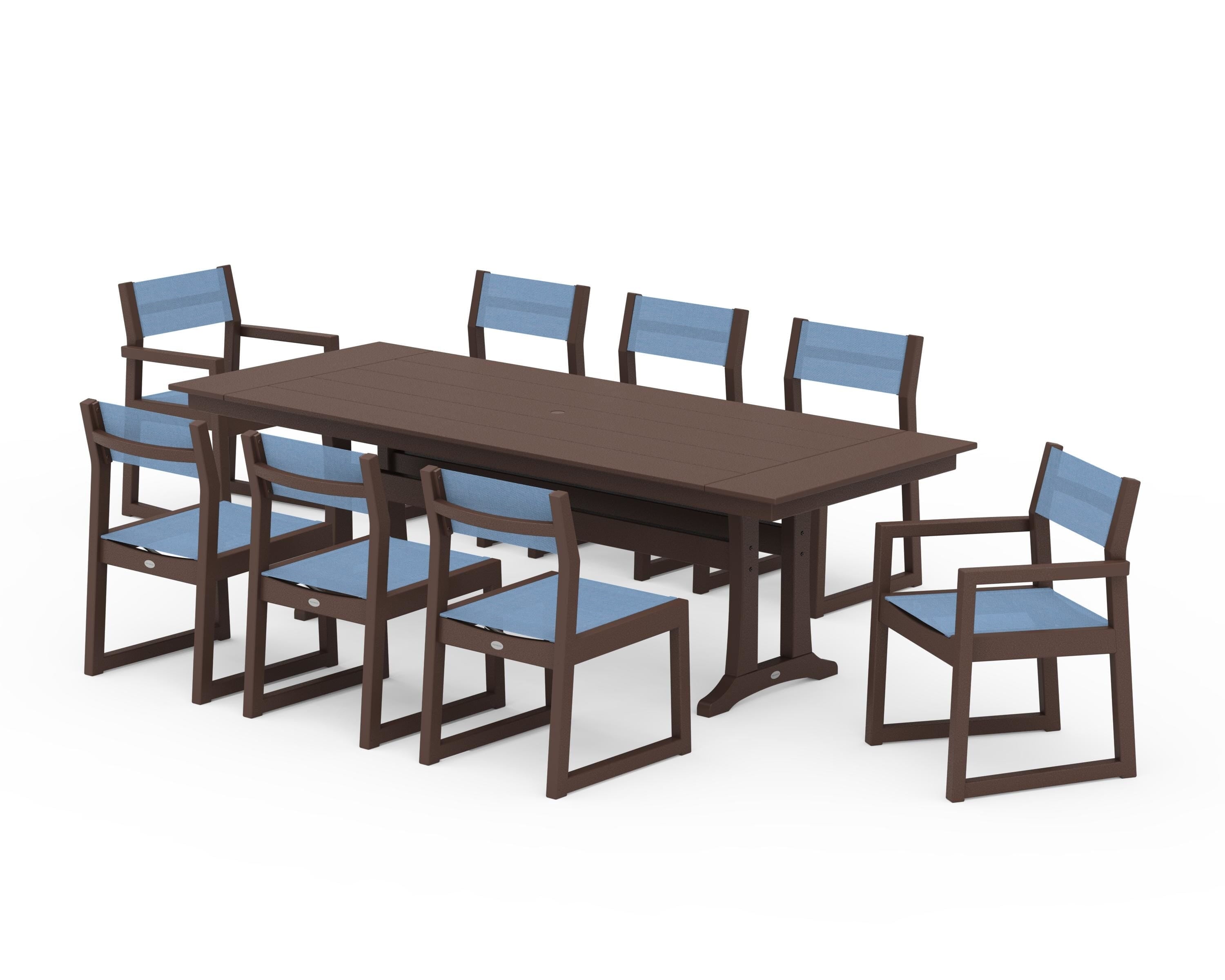 POLYWOOD® EDGE Sling 9-Piece Farmhouse Trestle Dining Set in Mahogany / Poolside Sling