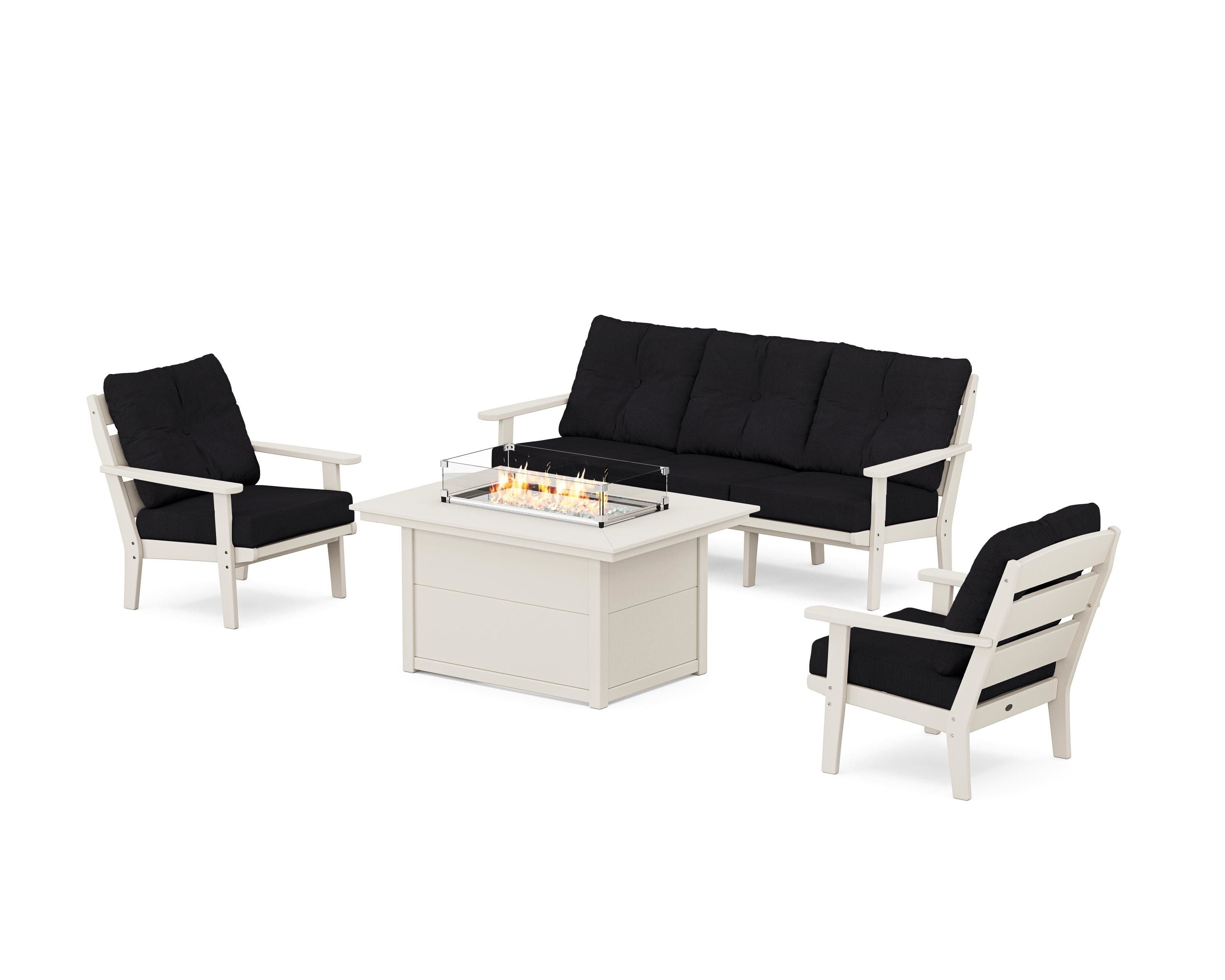 POLYWOOD® Lakeside Deep Seating Fire Pit Table Set in Sand / Midnight Linen