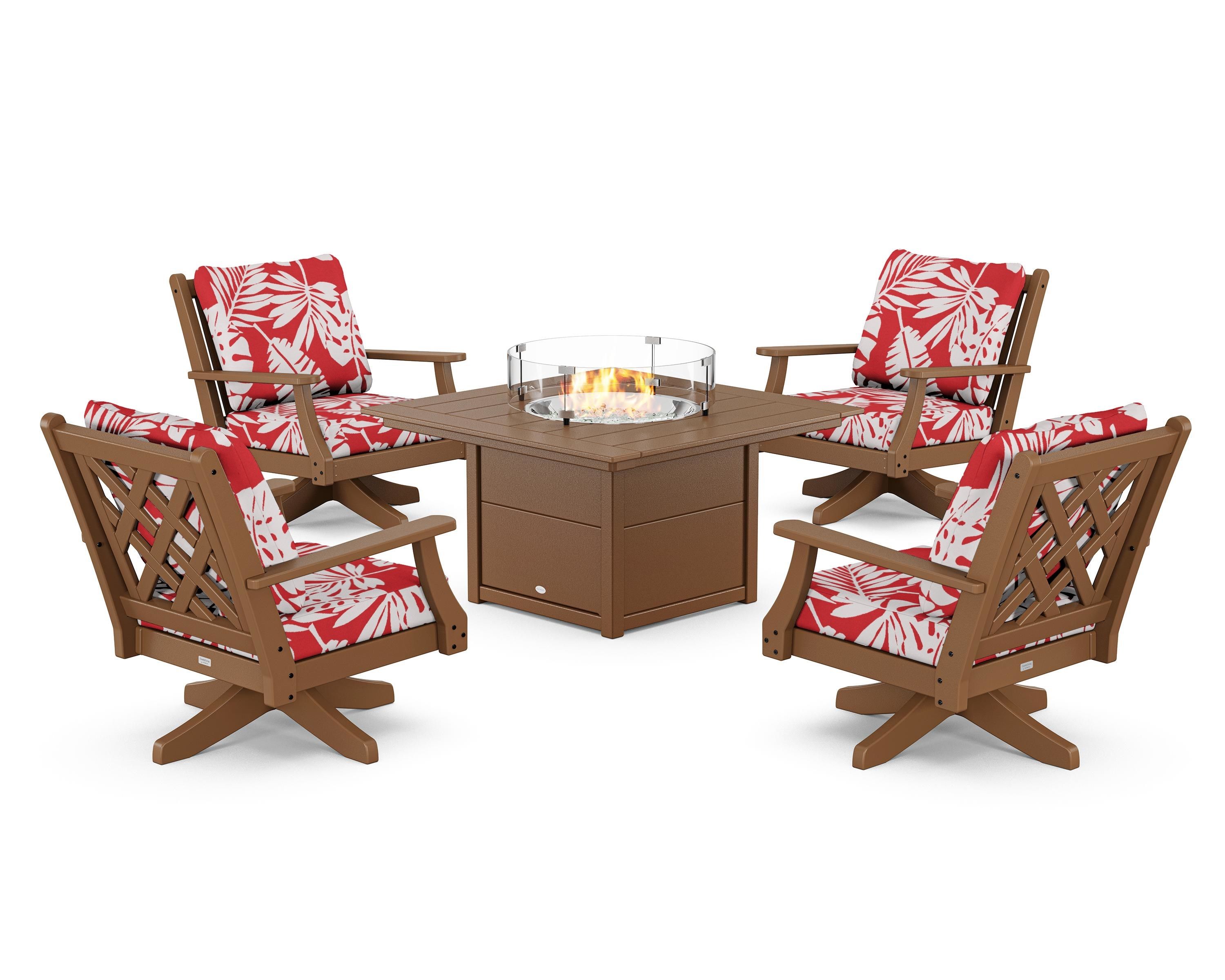Country Living Wovendale 5-Piece Deep Seating Swivel Conversation Set with Fire Pit Table in Teak / Leaf Crimson