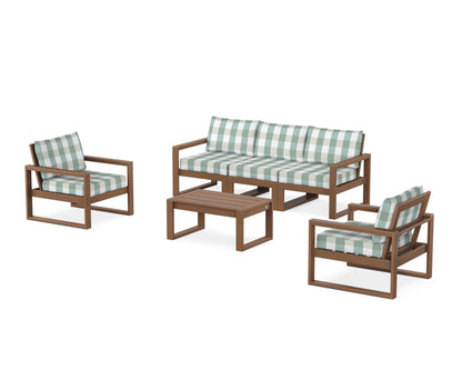 POLYWOOD® EDGE Sectional 4-Piece Deep Seating Set with Sofa in Teak / Buffalo Plaid Glacier Spa
