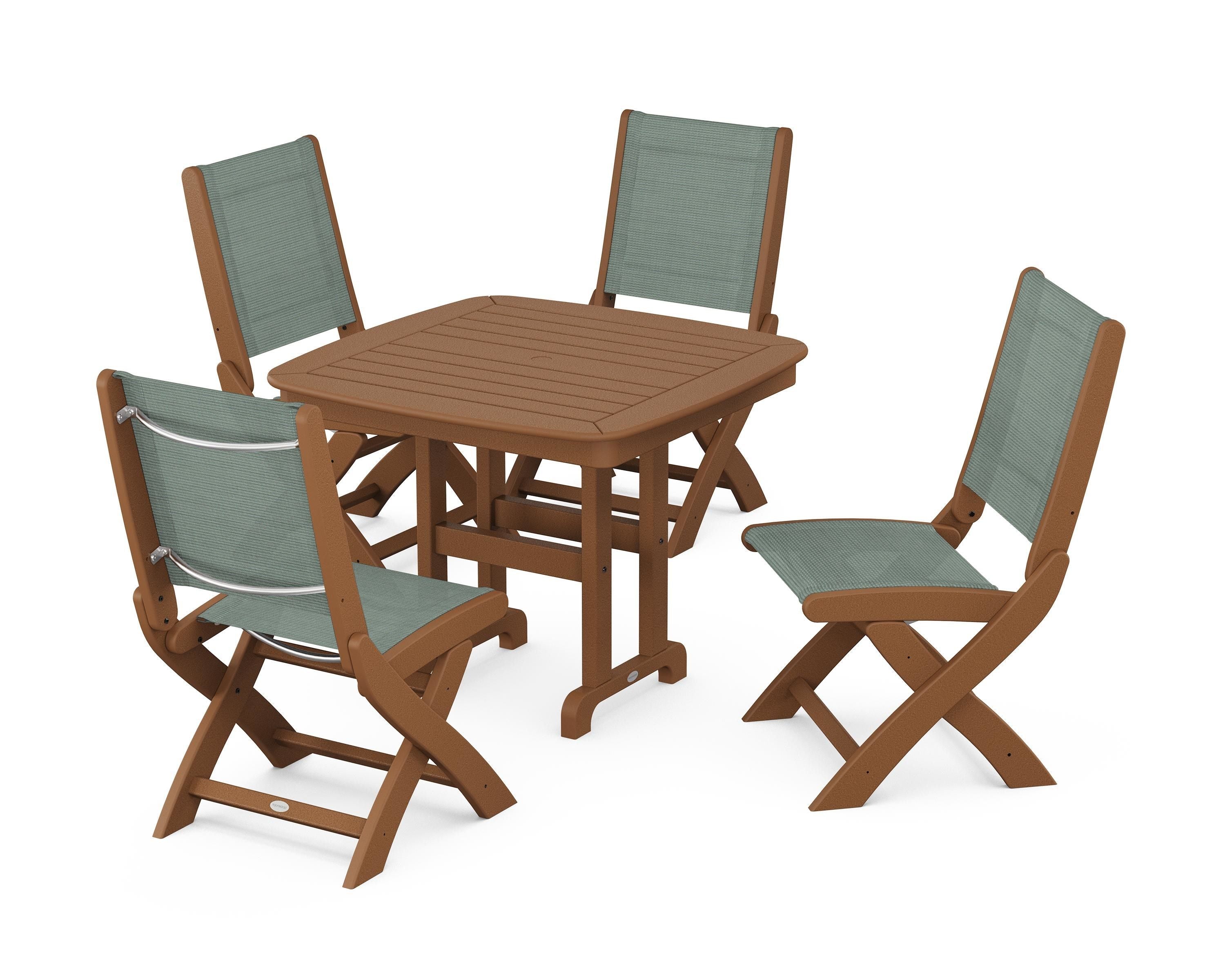 POLYWOOD® Coastal Folding Side Chair 5-Piece Dining Set in Teak / Dupioni Sea Mist Sling
