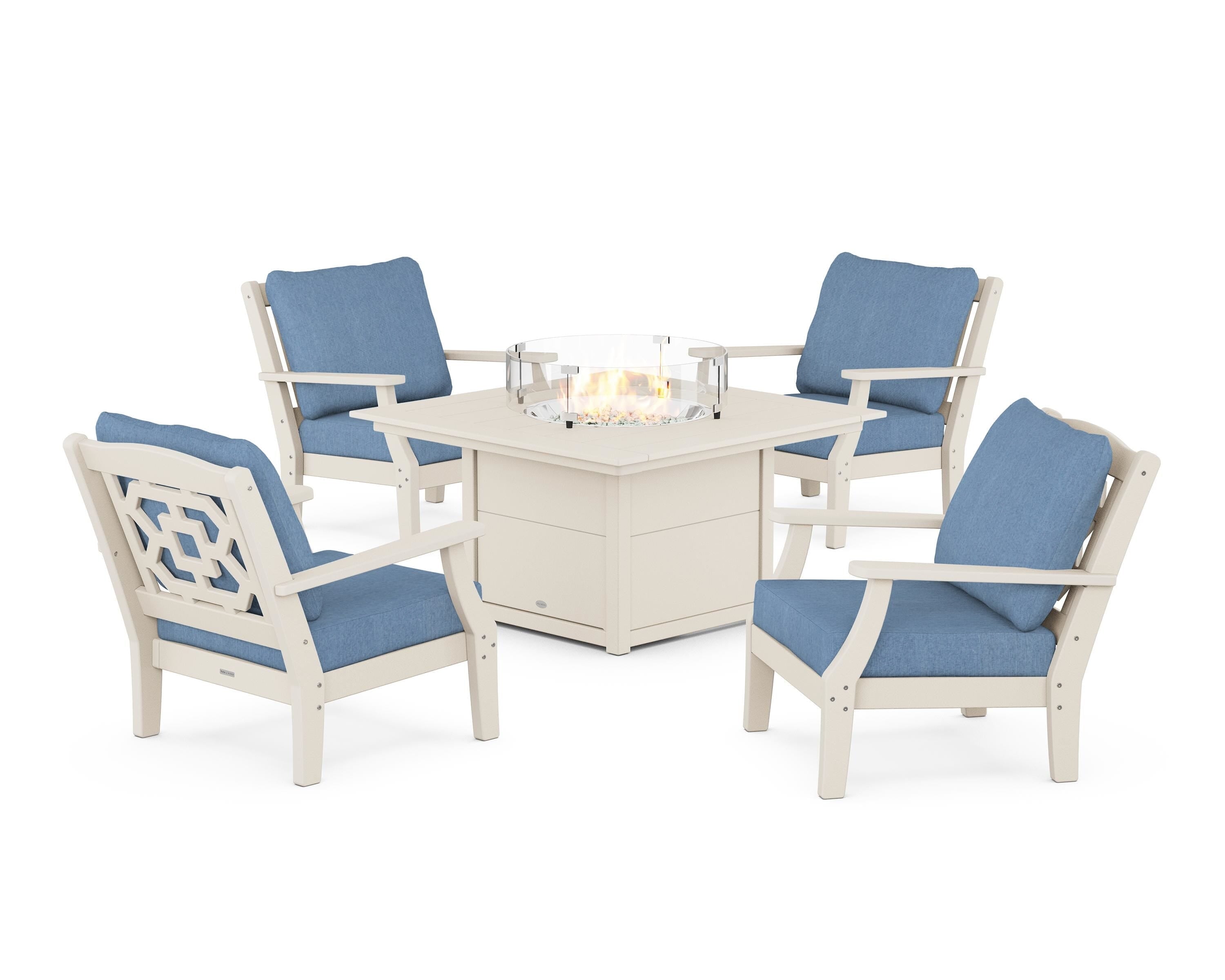 Martha Stewart by POLYWOOD® Chinoiserie 5-Piece Deep Seating Set with Fire Pit Table in Sand / Sky Blue