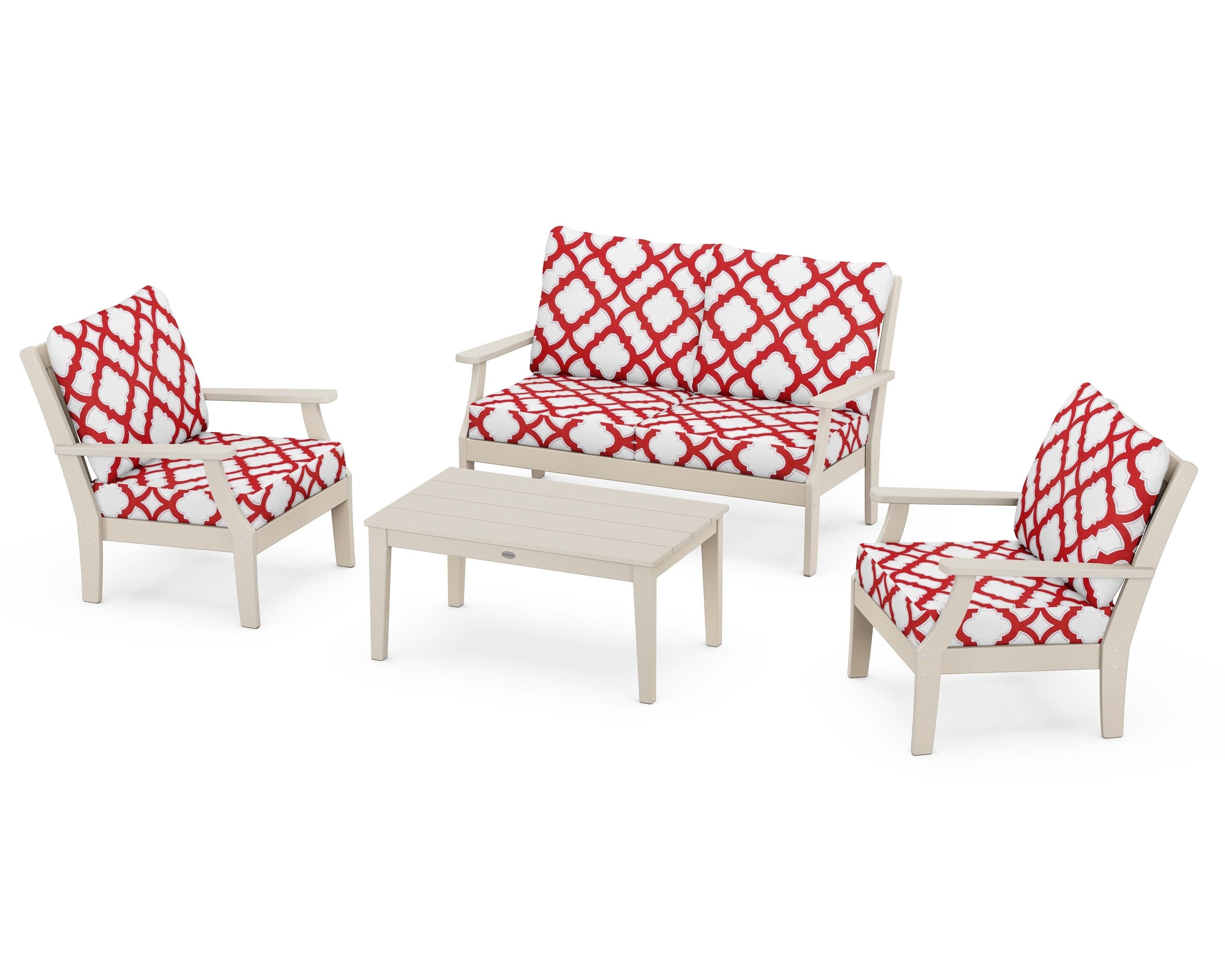 POLYWOOD® Braxton 4-Piece Deep Seating Chair Set in Sand / Trellis Crimson