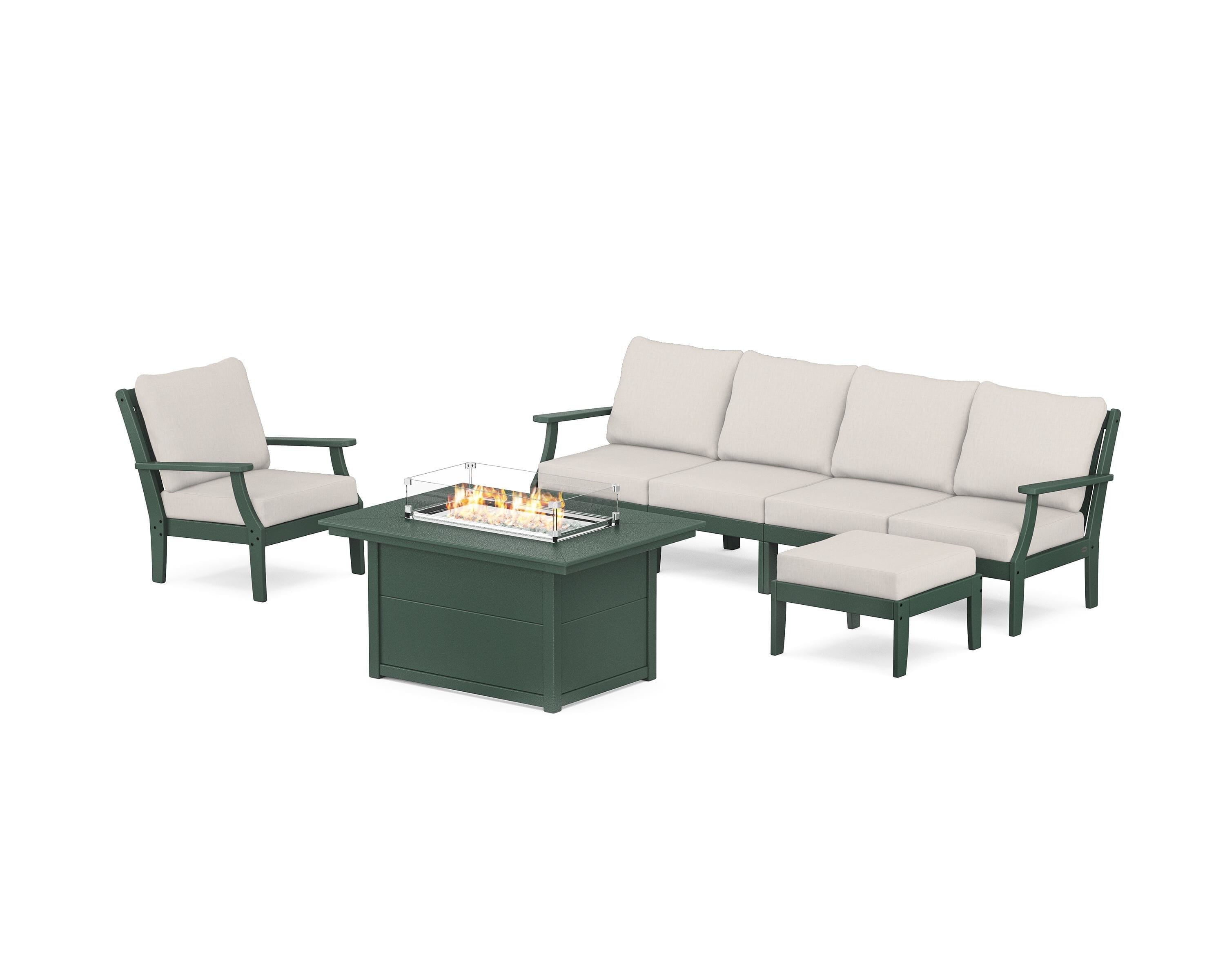 POLYWOOD® Braxton Sectional Lounge and Fire Pit Set in Green / Cast Ash