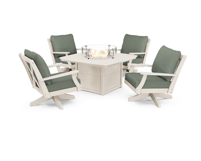 POLYWOOD® Braxton 5-Piece Deep Seating Swivel Conversation Set with Fire Pit Table in Sand / Cast Sage