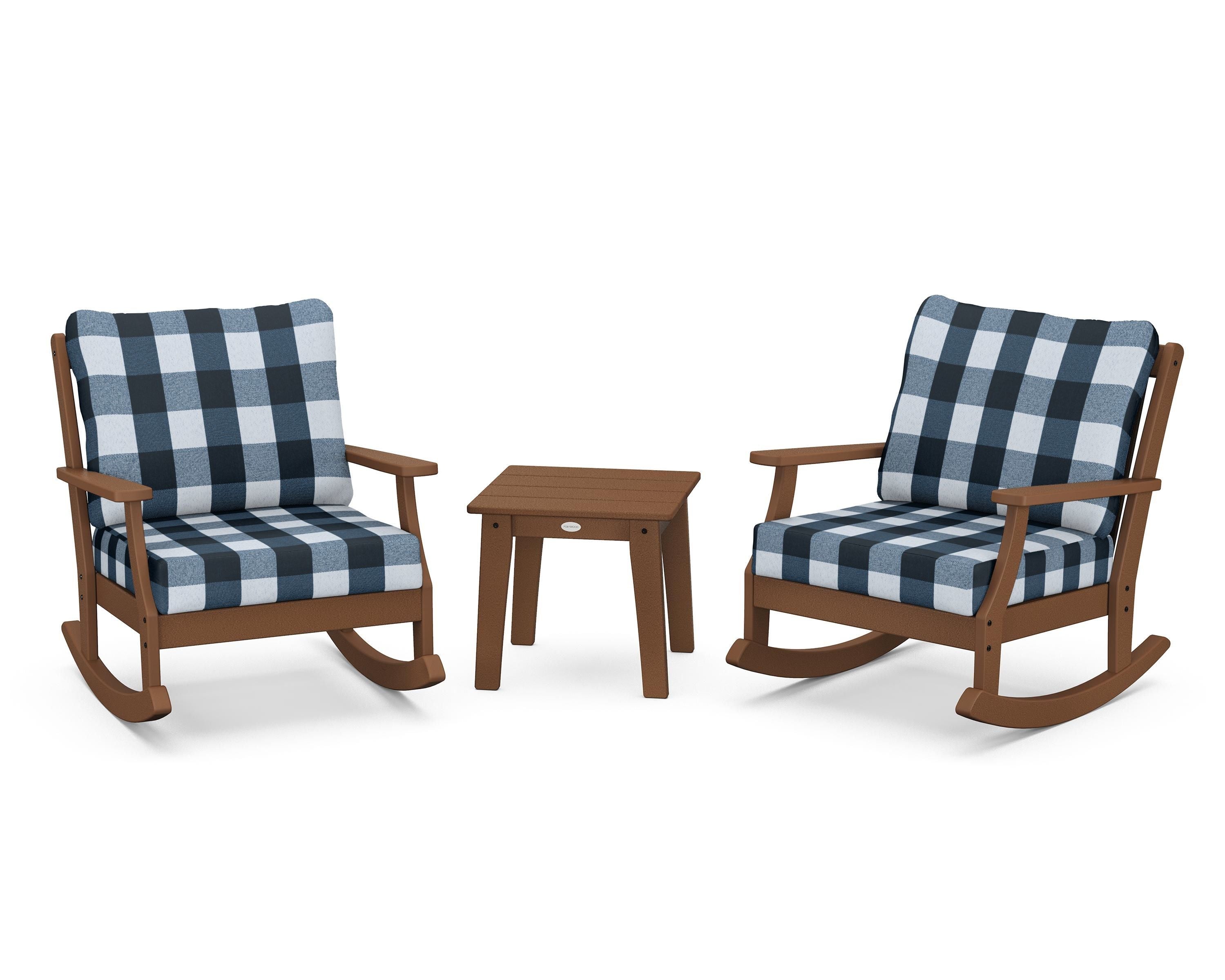 POLYWOOD® Braxton 3-Piece Deep Seating Rocker Set in Teak / Buffalo Plaid Marine Indigo