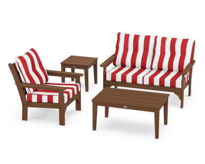 POLYWOOD® Vineyard 4-Piece Deep Seating Set in Teak / Cabana Stripe Crimson