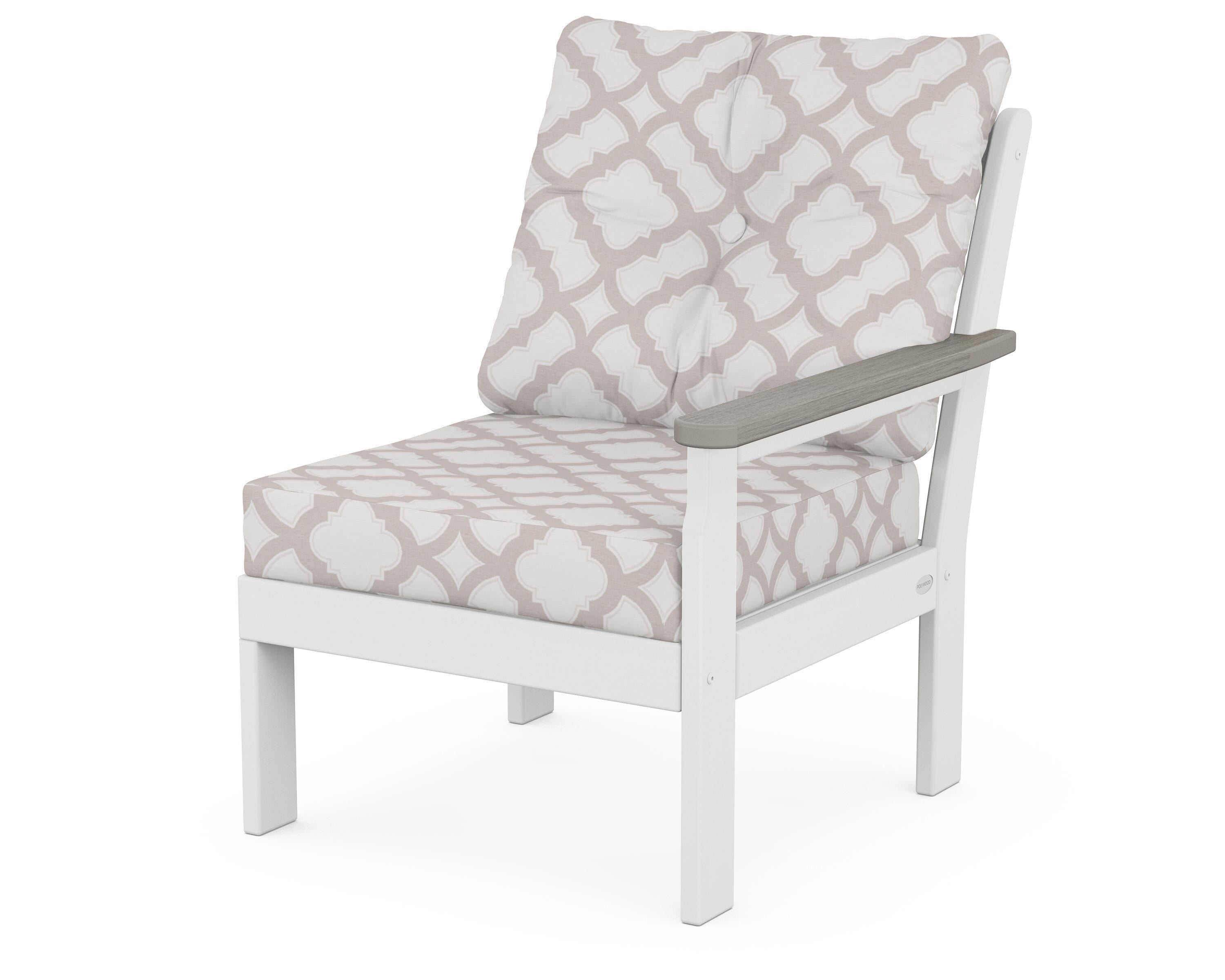 POLYWOOD® Vineyard Modular Right Arm Chair in White / Driftwood / Trellis Dune Burlap