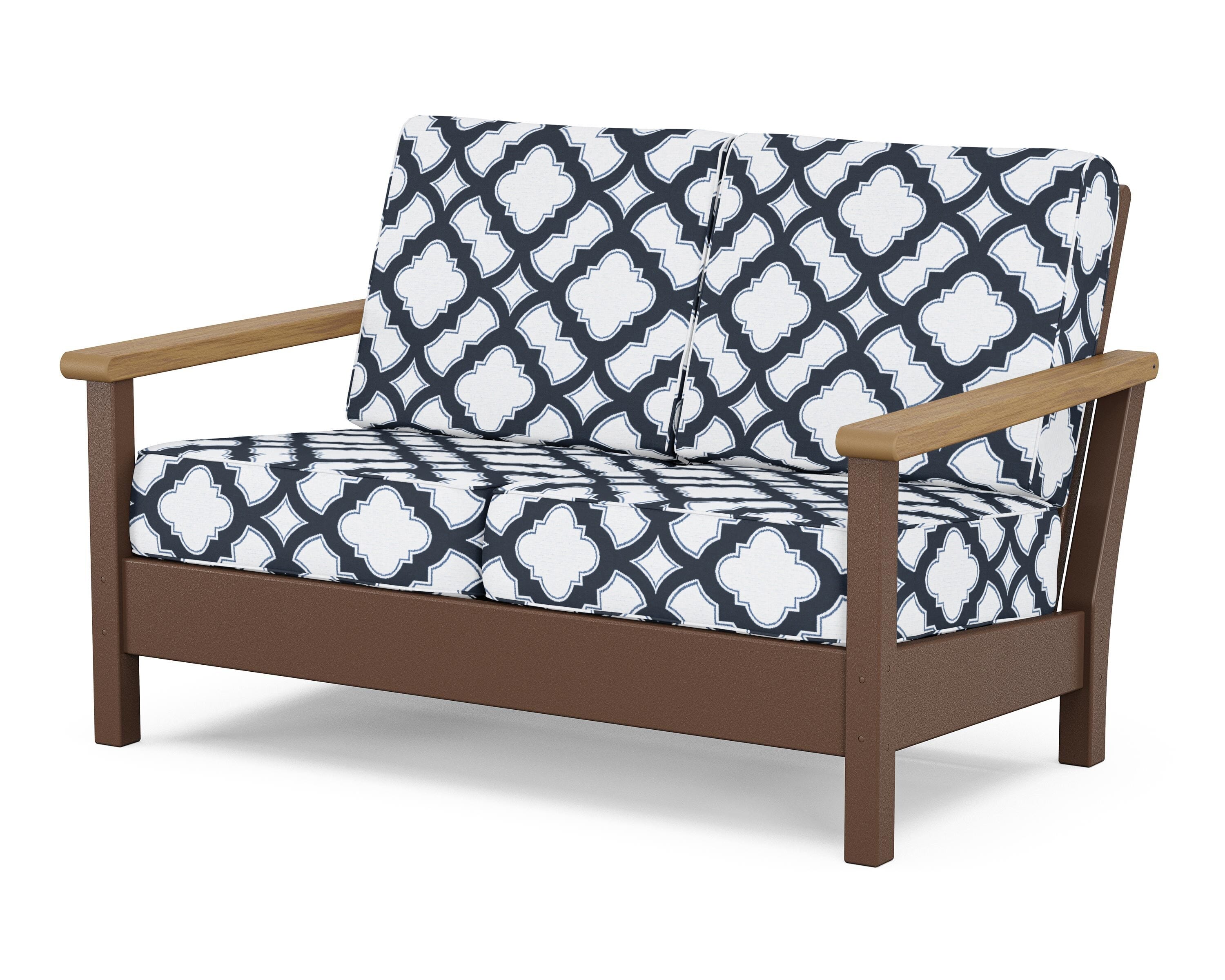 POLYWOOD® Harbour Deep Seating Loveseat in Mahogany / Natural / Trellis Marine Indigo