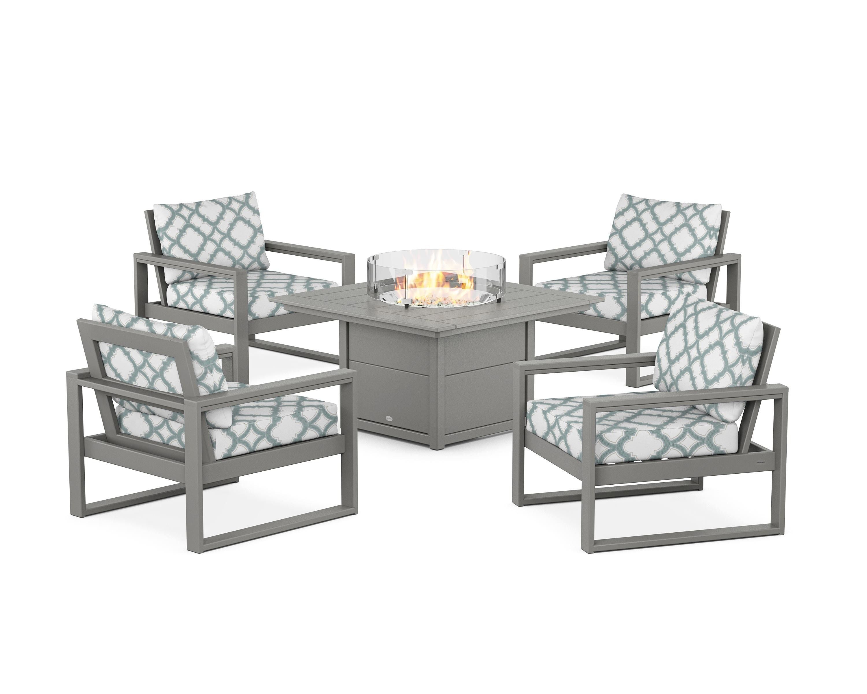 POLYWOOD® EDGE Sectional 5-Piece Deep Seating Set with Fire Pit Table in Slate Grey / Trellis Glacier Spa