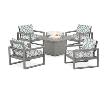 POLYWOOD® EDGE Sectional 5-Piece Deep Seating Set with Fire Pit Table in Slate Grey / Trellis Glacier Spa