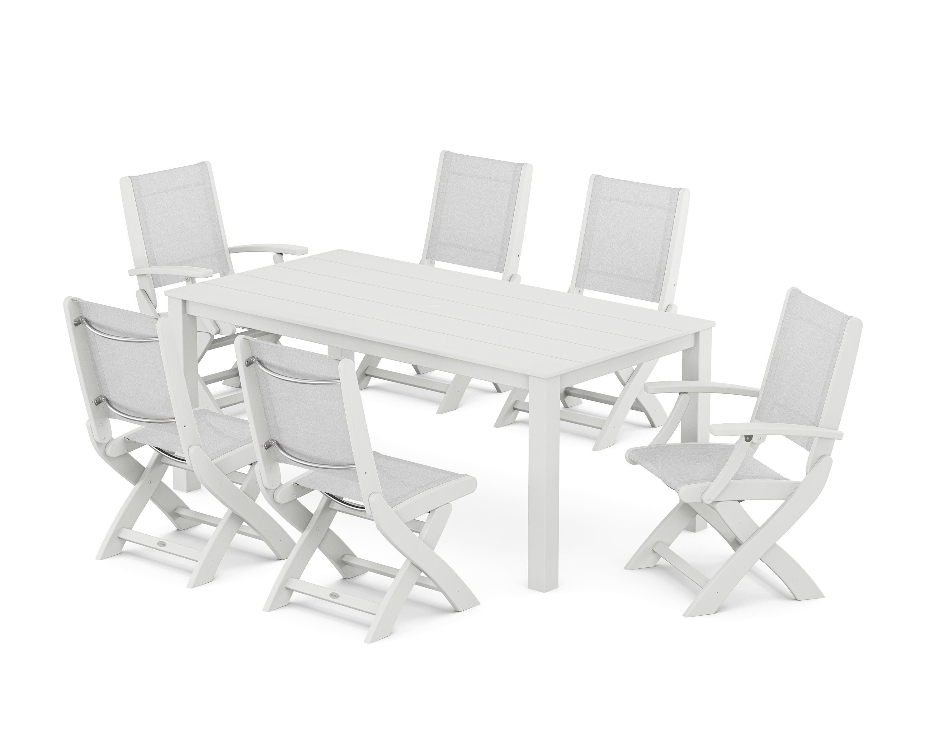 POLYWOOD® Coastal Folding Chair 7-Piece Parsons Dining Set in White / White Sling