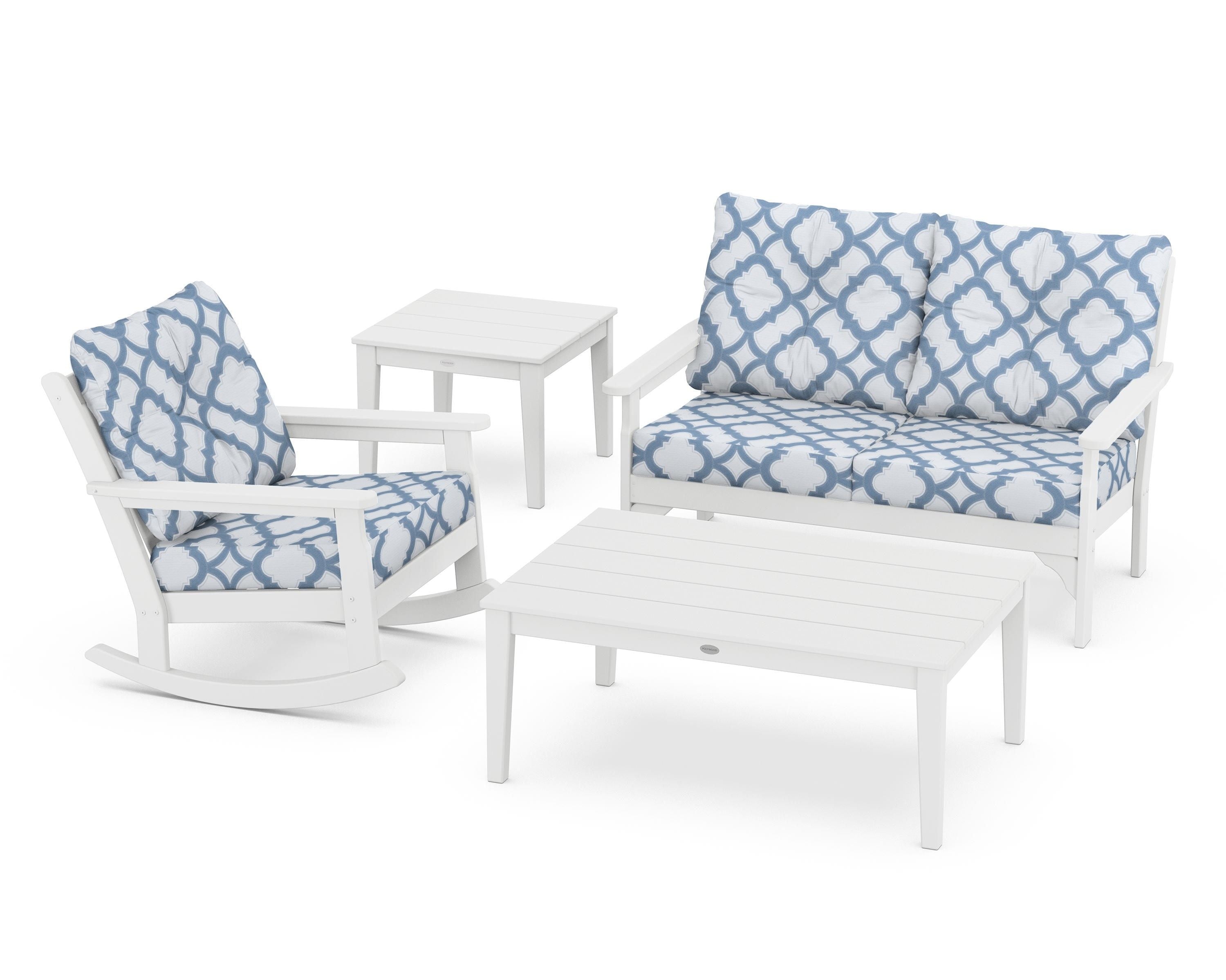POLYWOOD® Vineyard 4-Piece Deep Seating Rocker Set in White / Trellis Sky Blue