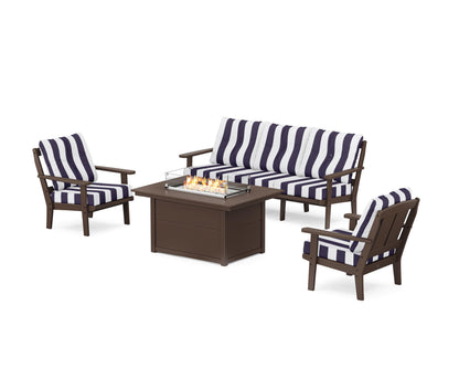 POLYWOOD® Mission Deep Seating Fire Pit Table Set in Mahogany / Cabana Stripe Navy