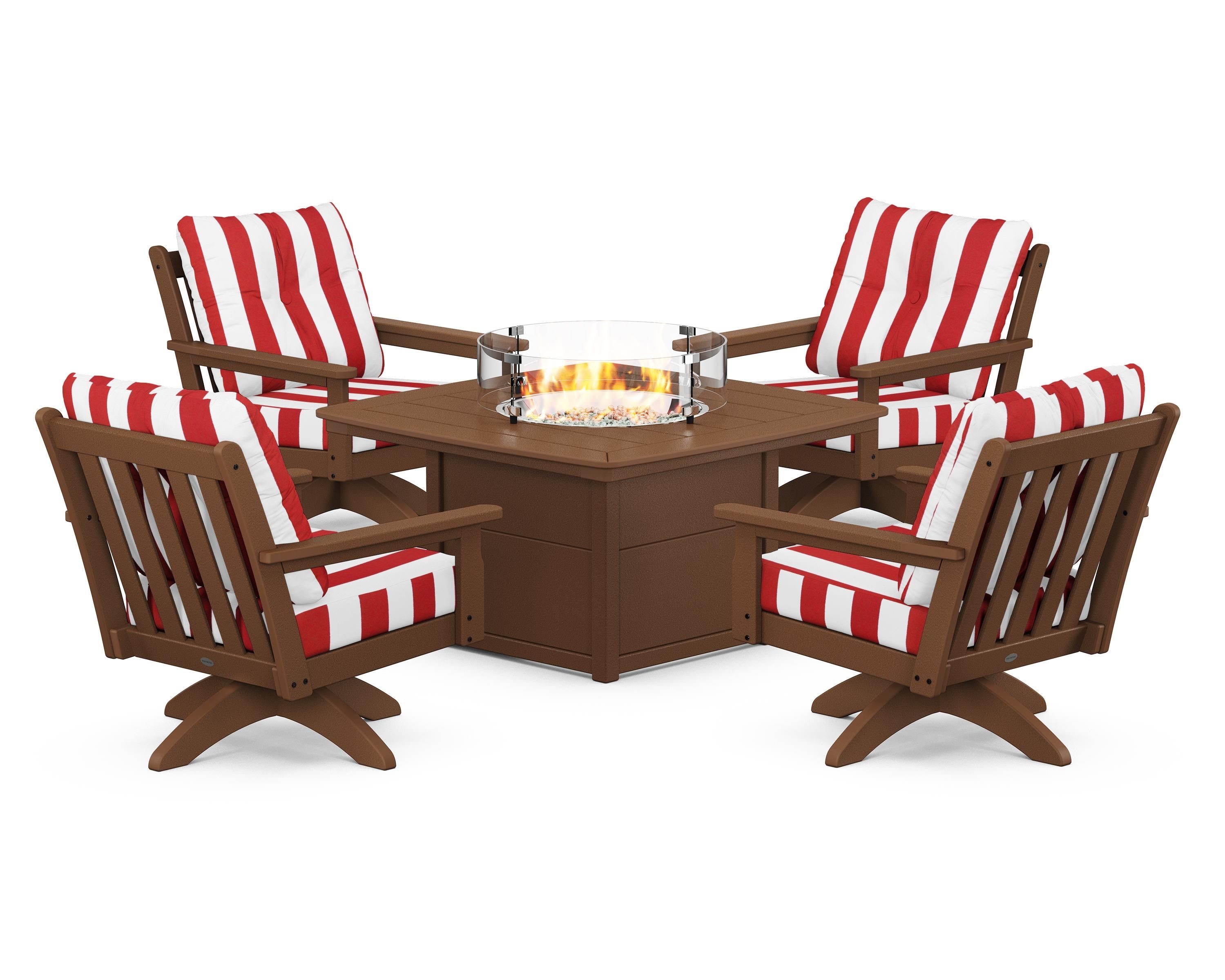 POLYWOOD® Vineyard 5-Piece Deep Seating Swivel Conversation Set with Fire Pit Table in Teak / Cabana Stripe Crimson