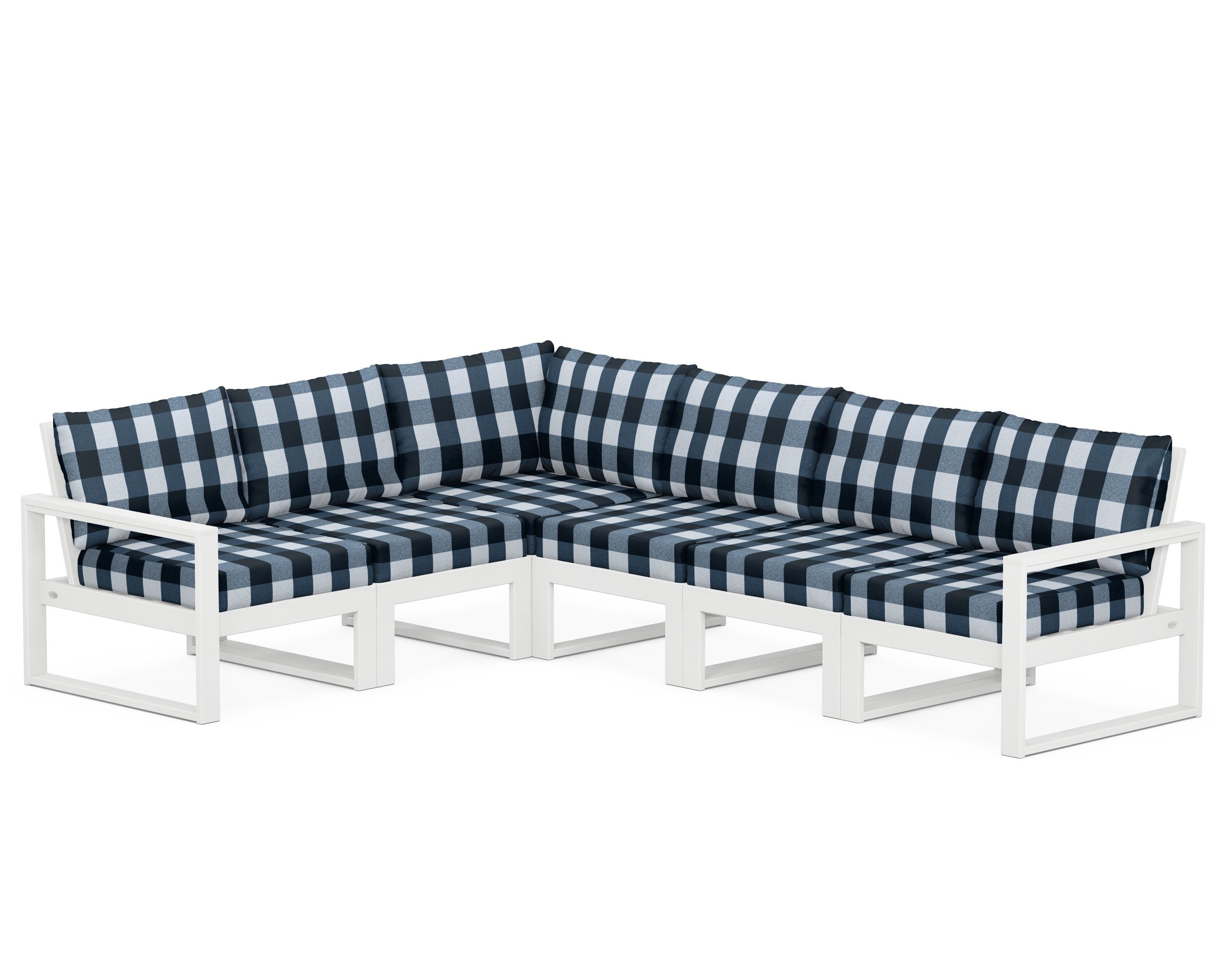 POLYWOOD® EDGE 6-Piece Modular Deep Seating Set in White / Buffalo Plaid Marine Indigo