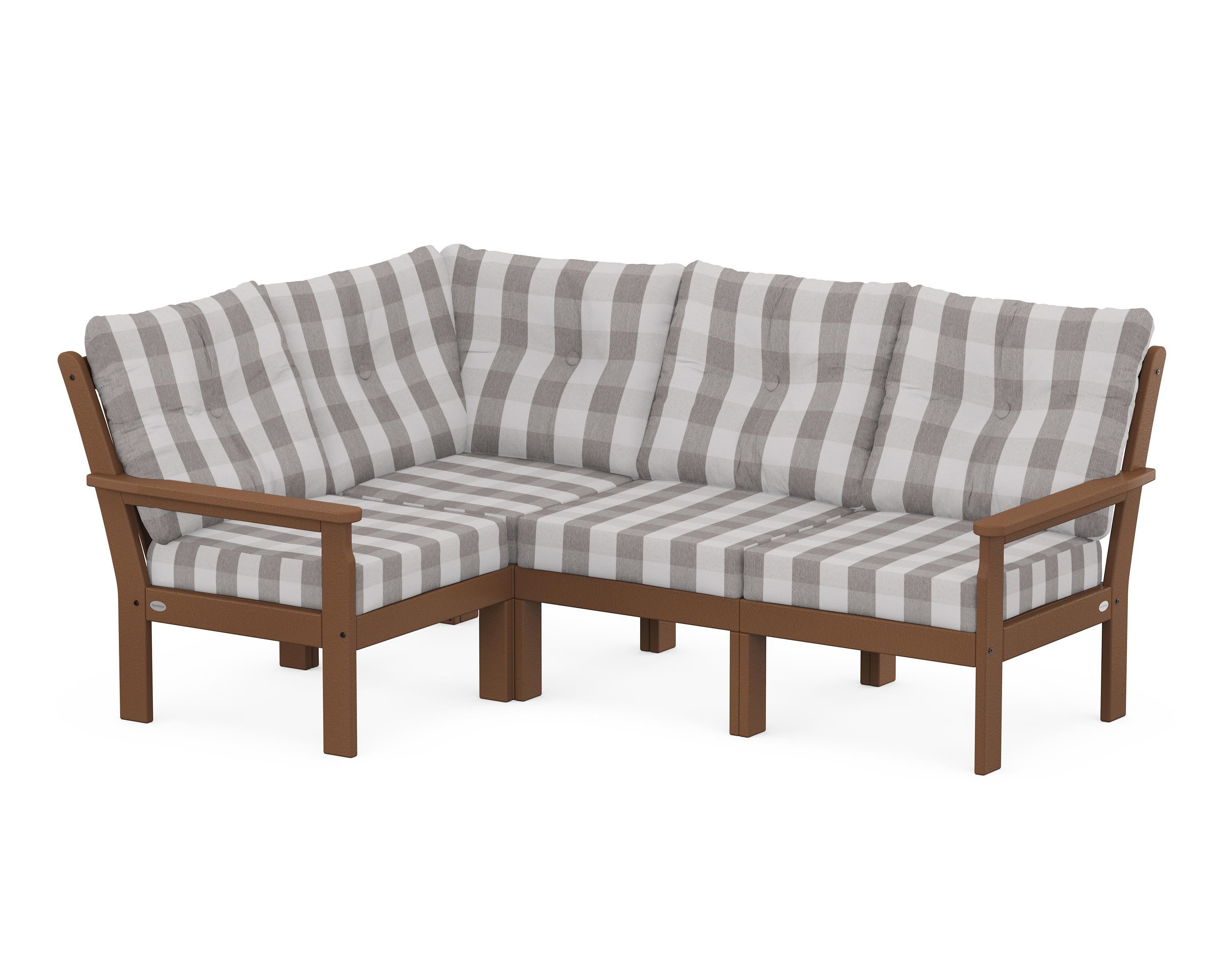 POLYWOOD® Vineyard 4-Piece Sectional in Teak / Buffalo Plaid Grey Mist