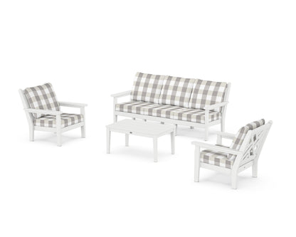 POLYWOOD® Chippendale 4-Piece Deep Seating Set with Sofa in White / Buffalo Plaid Grey Mist