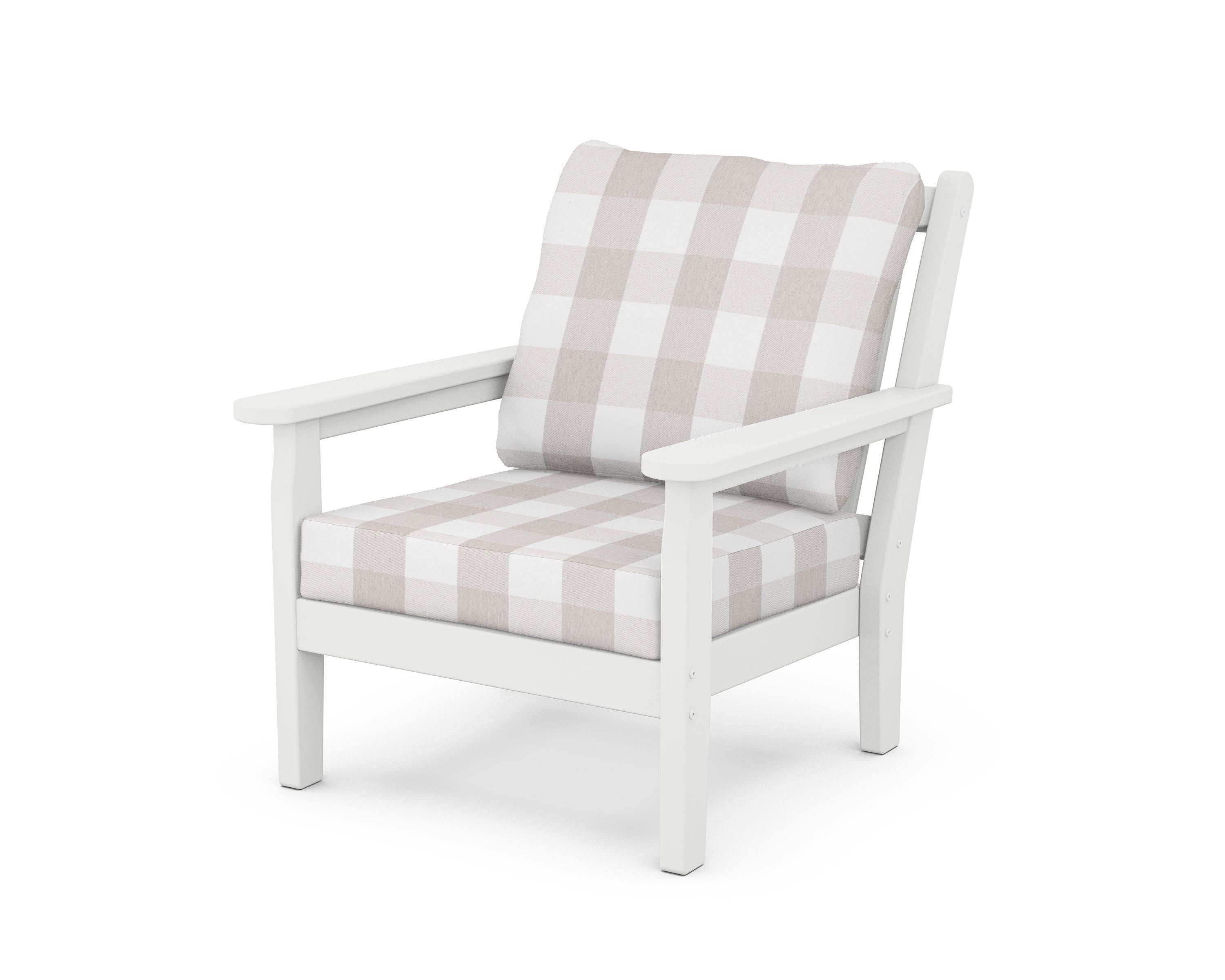POLYWOOD® Chippendale Deep Seating Chair in White / Buffalo Plaid Dune Burlap
