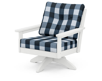 POLYWOOD® Vineyard Deep Seating Swivel Chair in White / Buffalo Plaid Marine Indigo