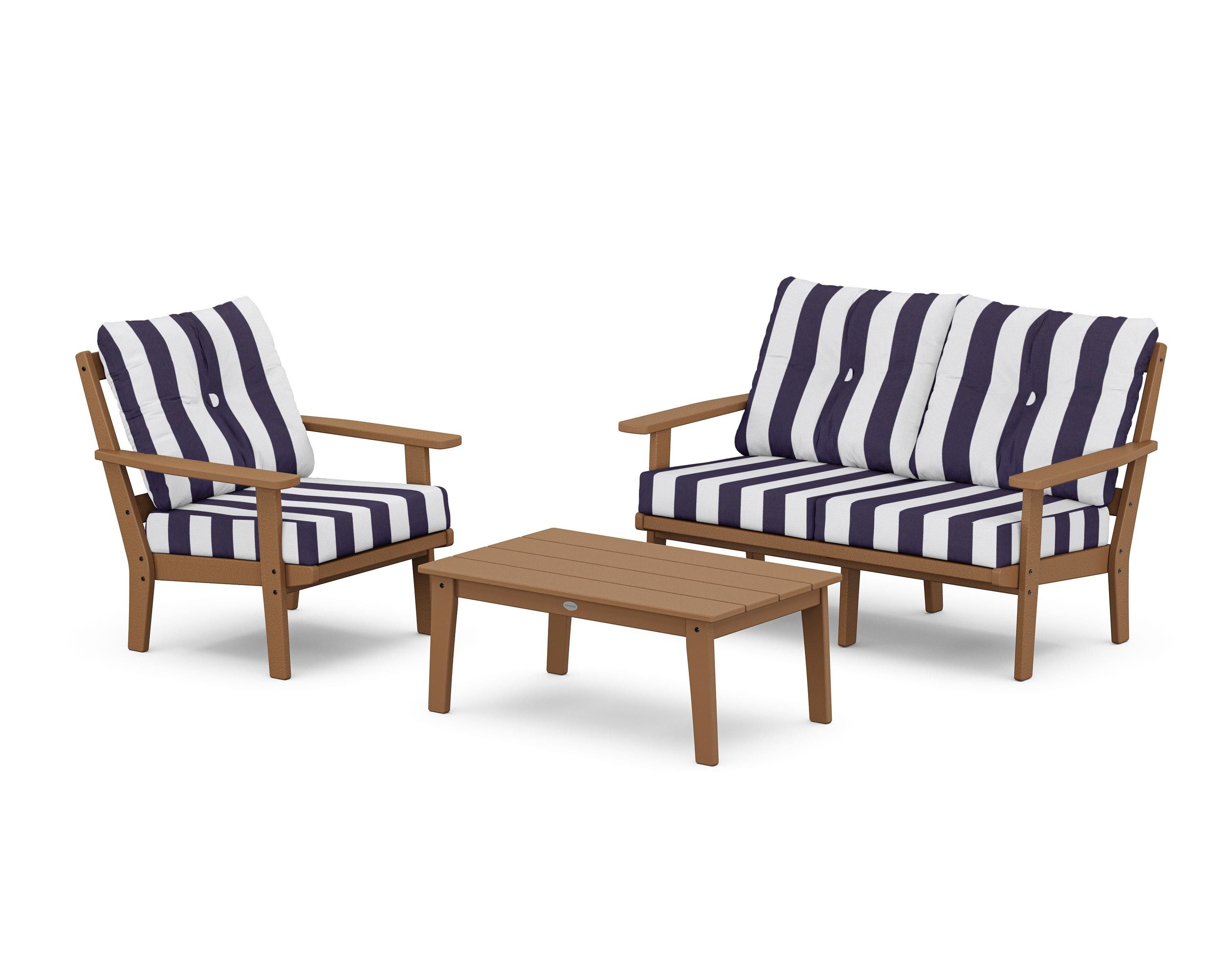 POLYWOOD® Oxford 3-Piece Deep Seating Set with Loveseat in Teak / Cabana Stripe Navy