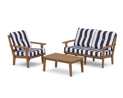 POLYWOOD® Oxford 3-Piece Deep Seating Set with Loveseat in Teak / Cabana Stripe Navy