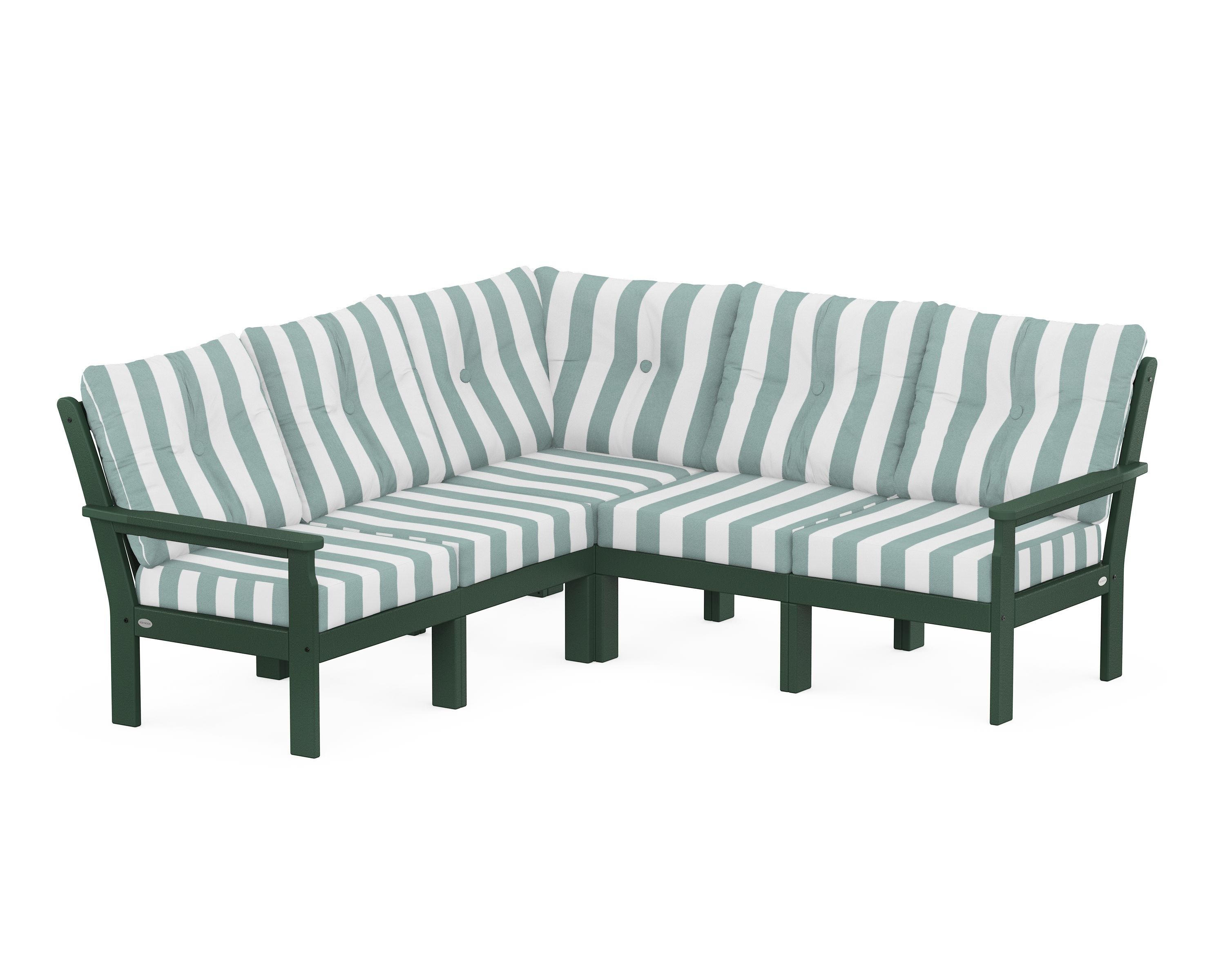 POLYWOOD® Vineyard 5-Piece Sectional in Green / Cabana Stripe Glacier Spa