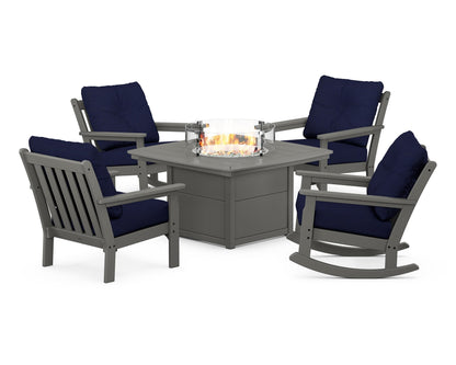 POLYWOOD® Vineyard 5-Piece Deep Seating Rocking Chair Conversation Set with Fire Pit Table in Slate Grey / Navy