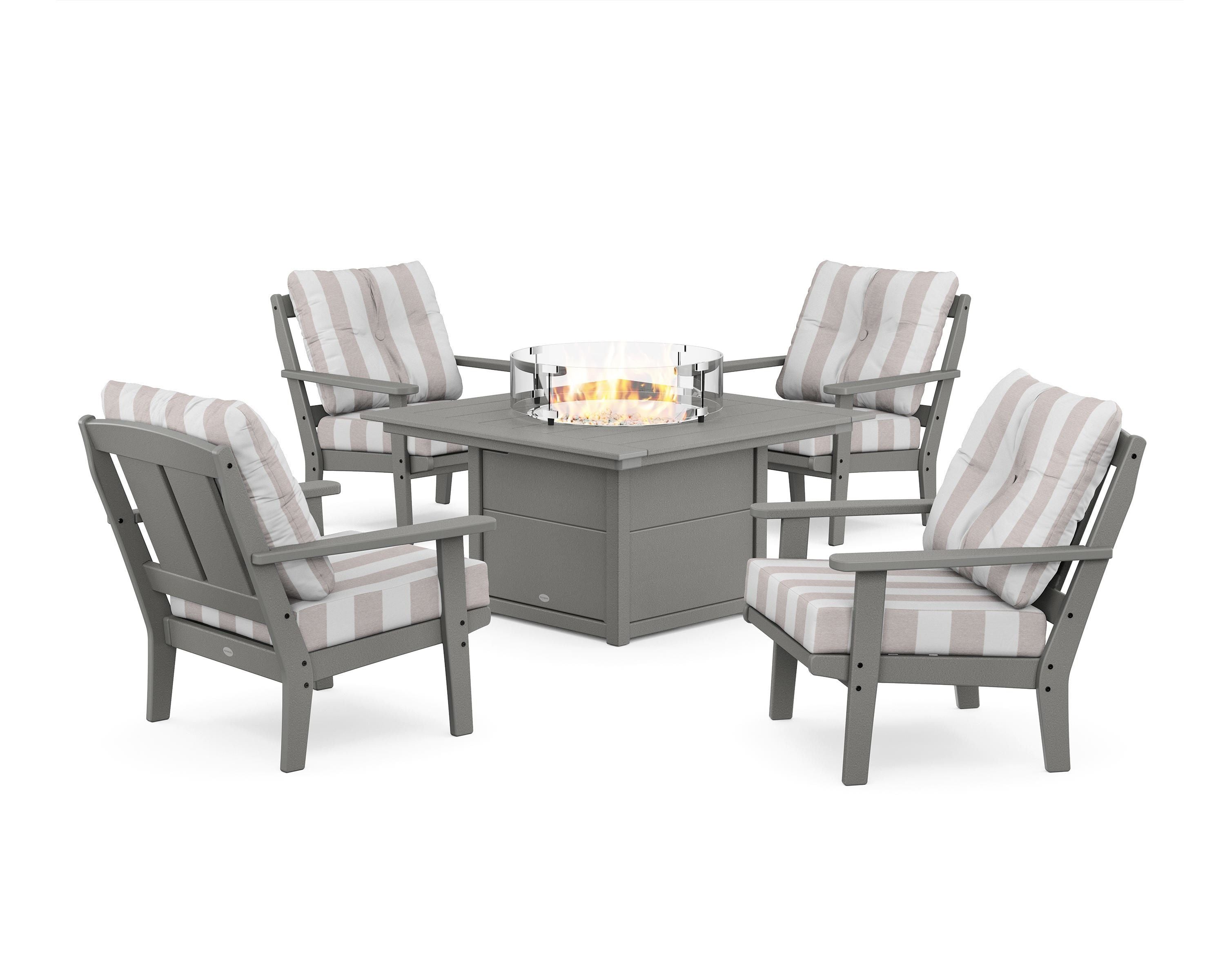 POLYWOOD® Mission 5-Piece Deep Seating Set with Fire Pit Table in Slate Grey / Cabana Stripe Dune Burlap