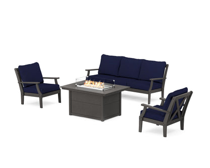 POLYWOOD® Braxton Deep Seating Fire Pit Table Set in Vintage Coffee / Navy