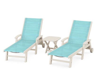 POLYWOOD® Coastal 3-Piece Wheeled Chaise Set in Sand / Dupioni Aquamarine Sling