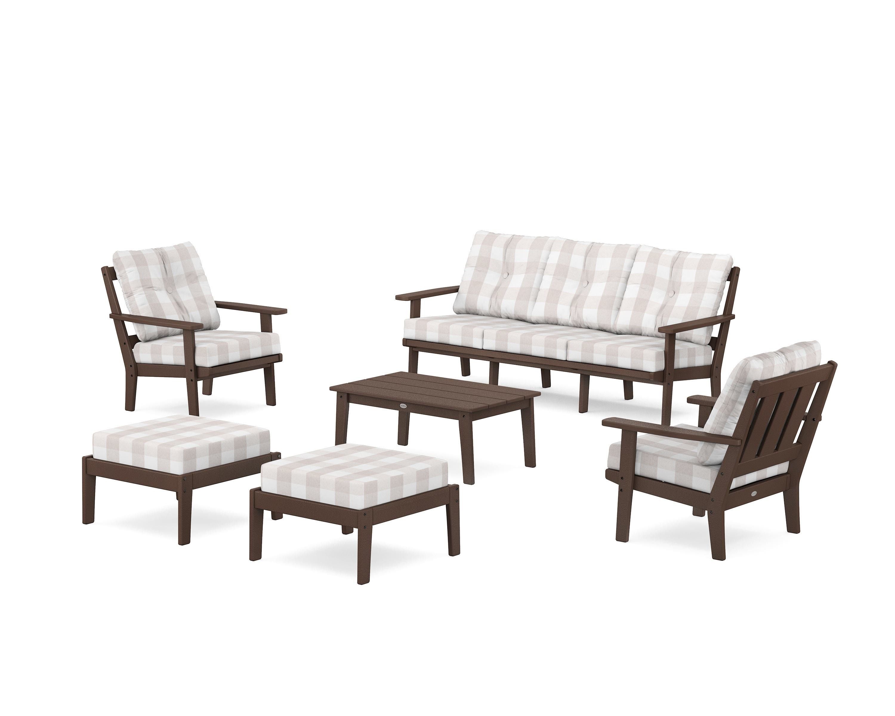 POLYWOOD® Oxford 6-Piece Lounge Sofa Set in Mahogany / Buffalo Plaid Dune Burlap