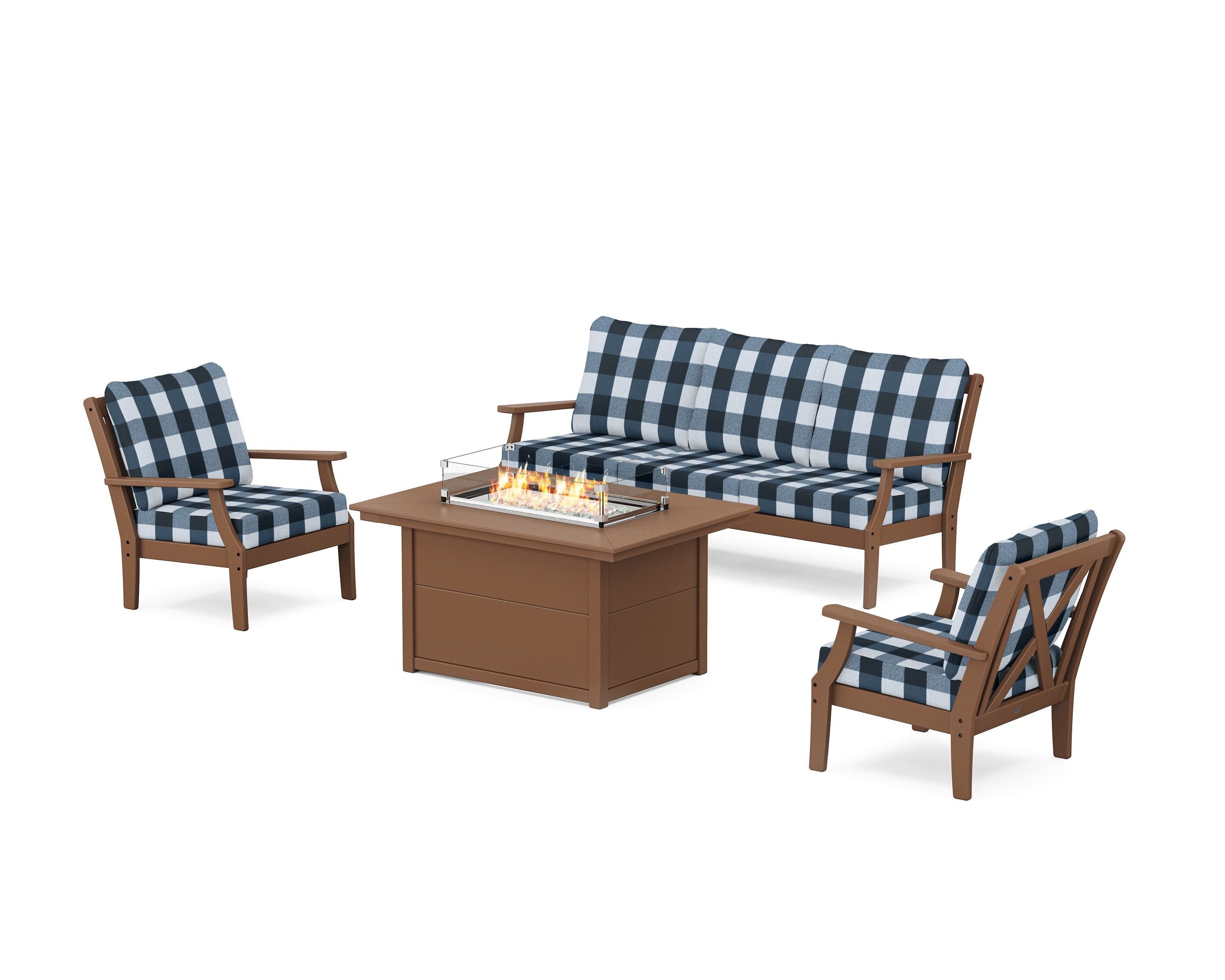 POLYWOOD® Braxton Deep Seating Fire Pit Table Set in Teak / Buffalo Plaid Marine Indigo