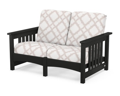 POLYWOOD® Club Mission Loveseat in Black / Trellis Dune Burlap