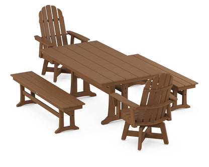 POLYWOOD® Vineyard Curveback Adirondack Swivel Chair 5-Piece Farmhouse Dining Set With Trestle Legs and Benches in Teak