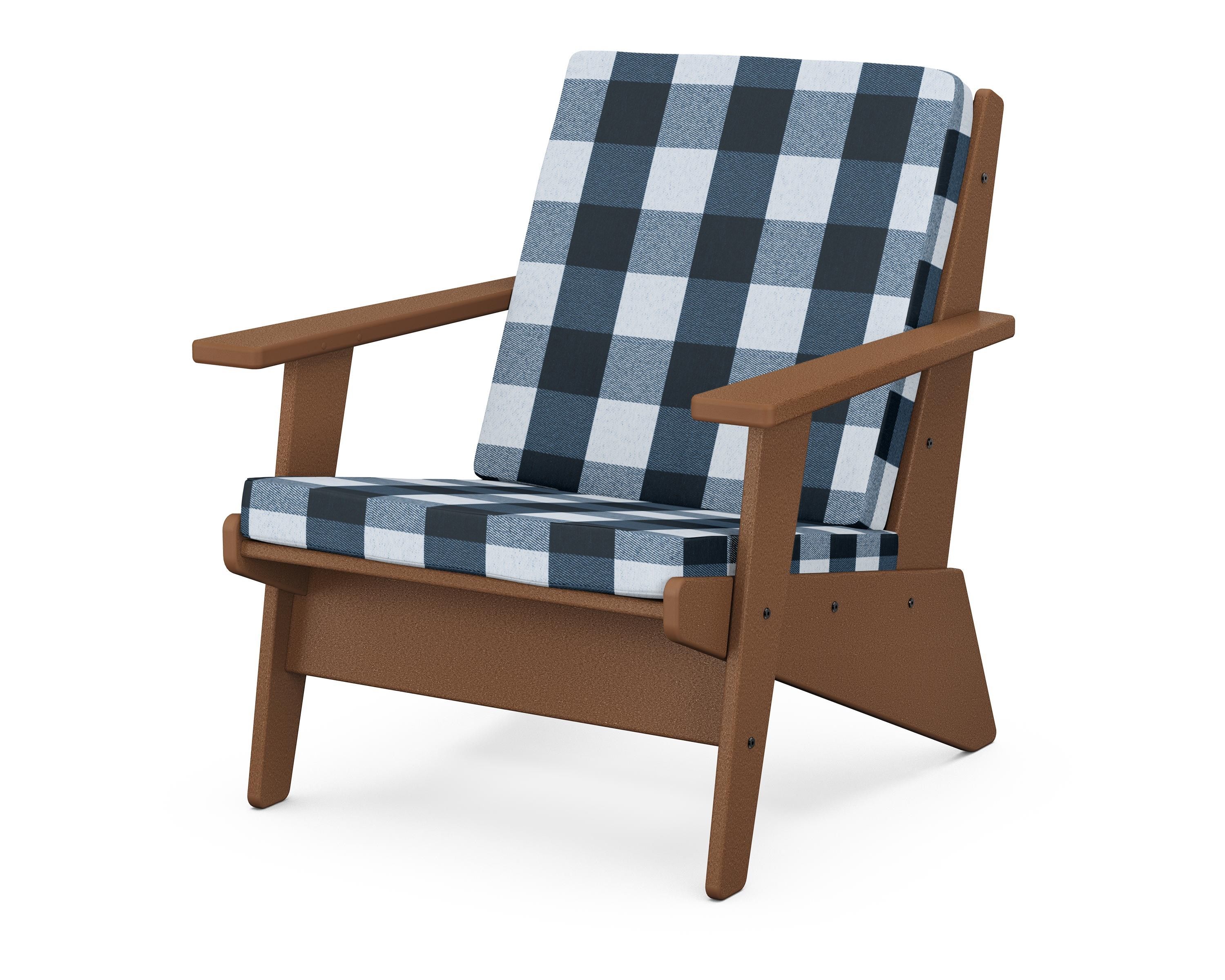 POLYWOOD® Riviera Modern Lounge Chair in Teak / Buffalo Plaid Marine Indigo