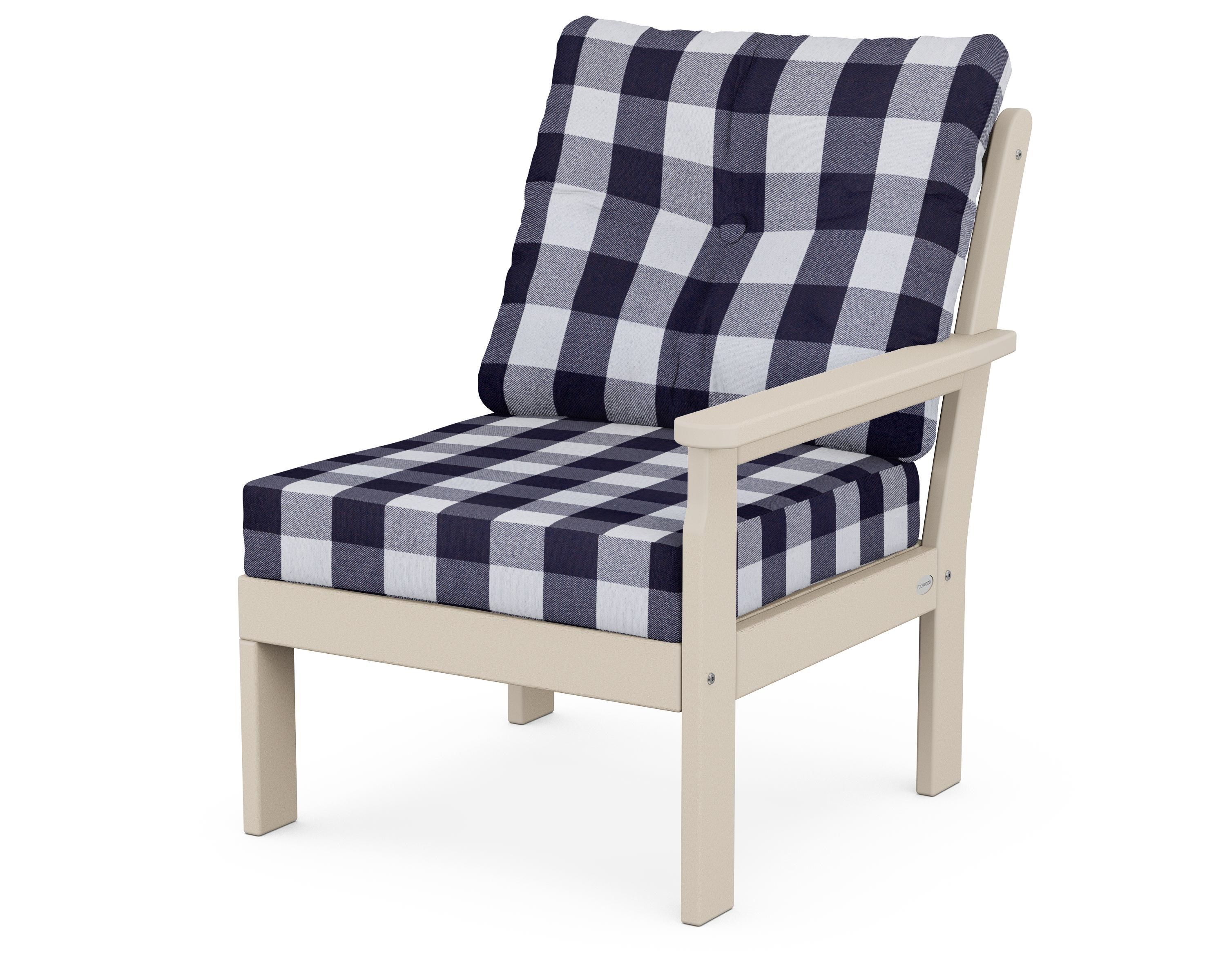 POLYWOOD® Vineyard Modular Right Arm Chair in Sand / Buffalo Plaid Navy