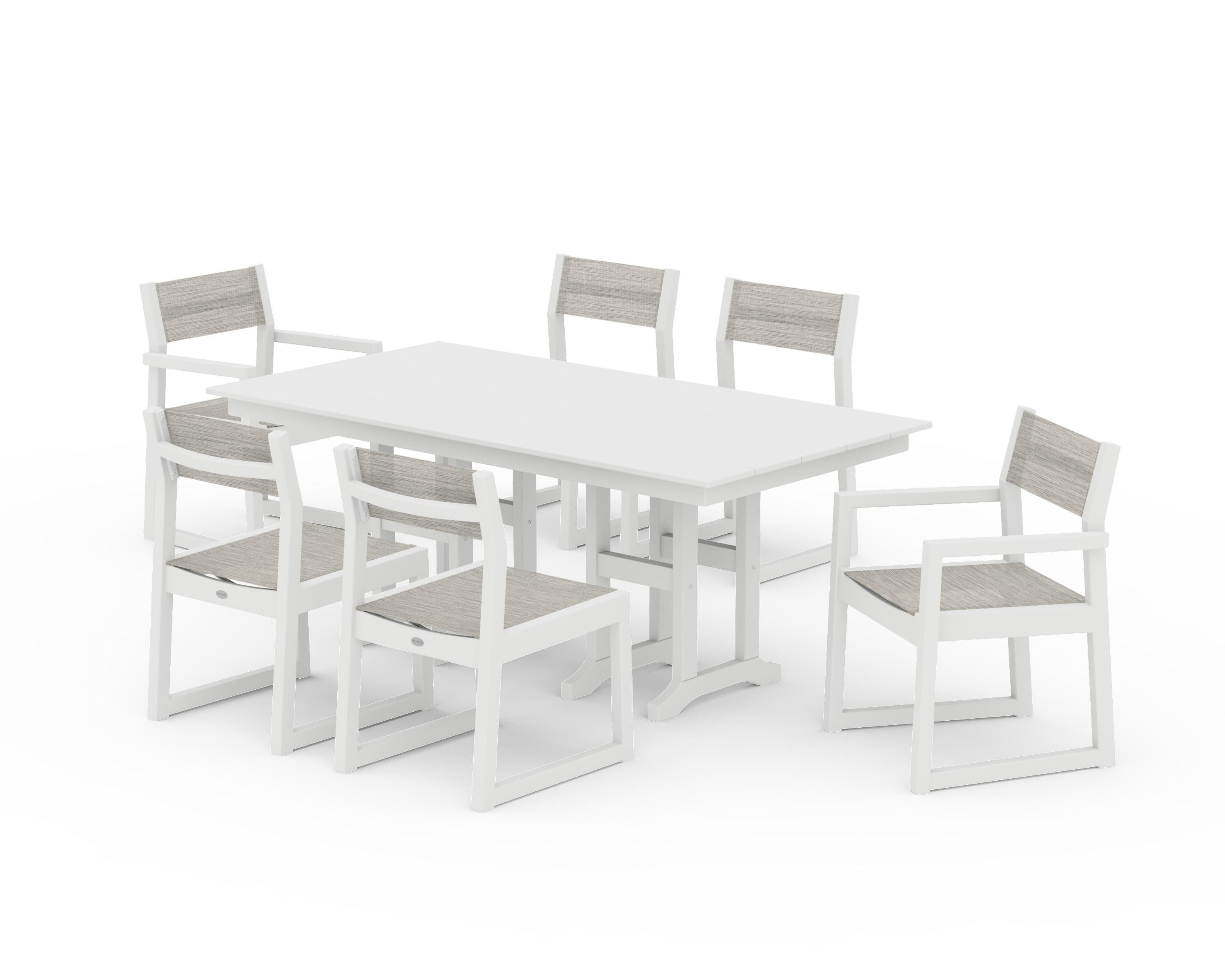 POLYWOOD® EDGE Sling 7-Piece Farmhouse Dining Set in White / Birch Sling