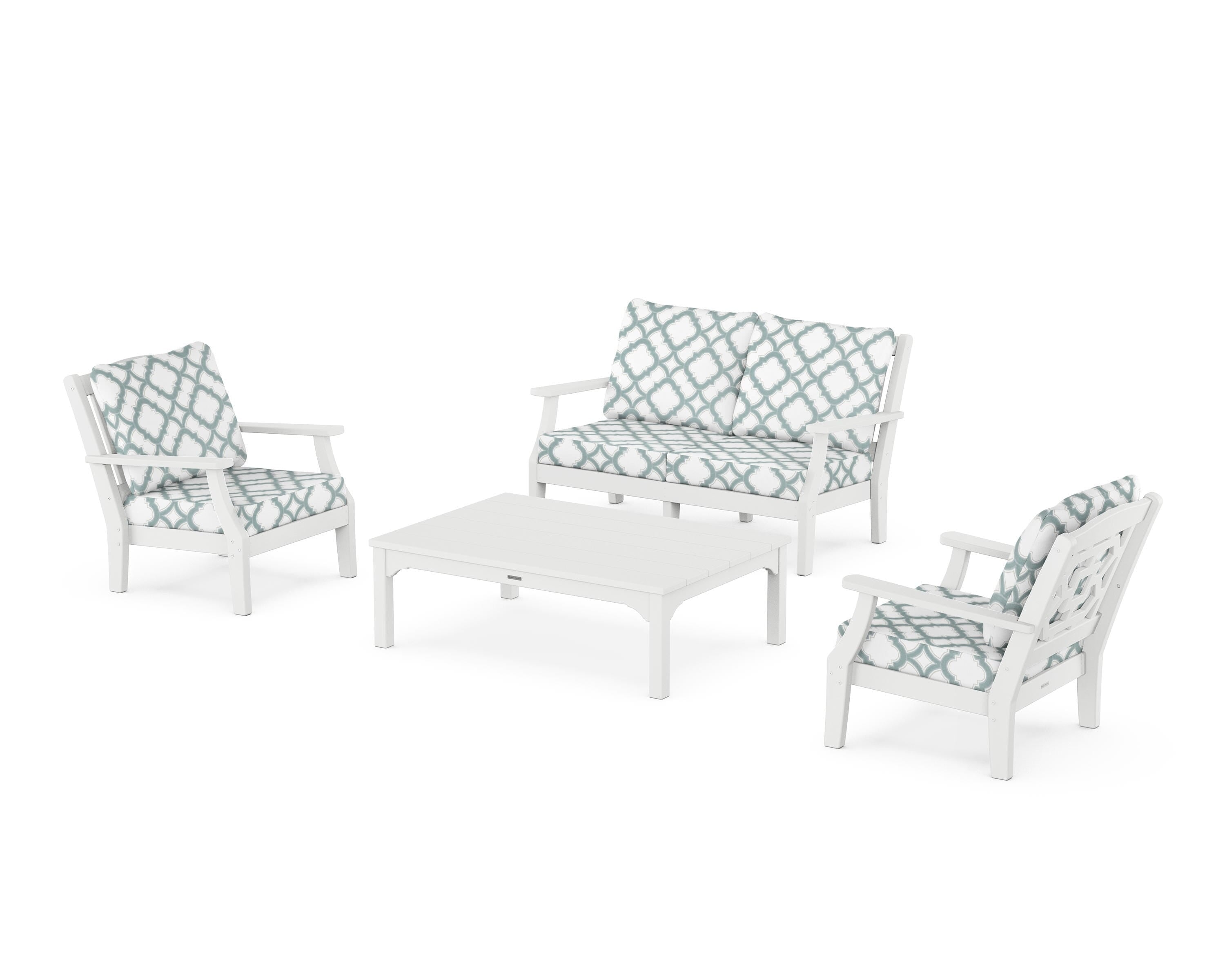 Martha Stewart by POLYWOOD® Chinoiserie 4-Piece Deep Seating Set with Loveseat in White / Trellis Glacier Spa