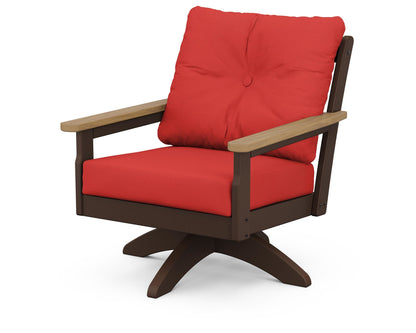 POLYWOOD® Vineyard Deep Seating Swivel Chair in Mahogany / Natural / Crimson Linen