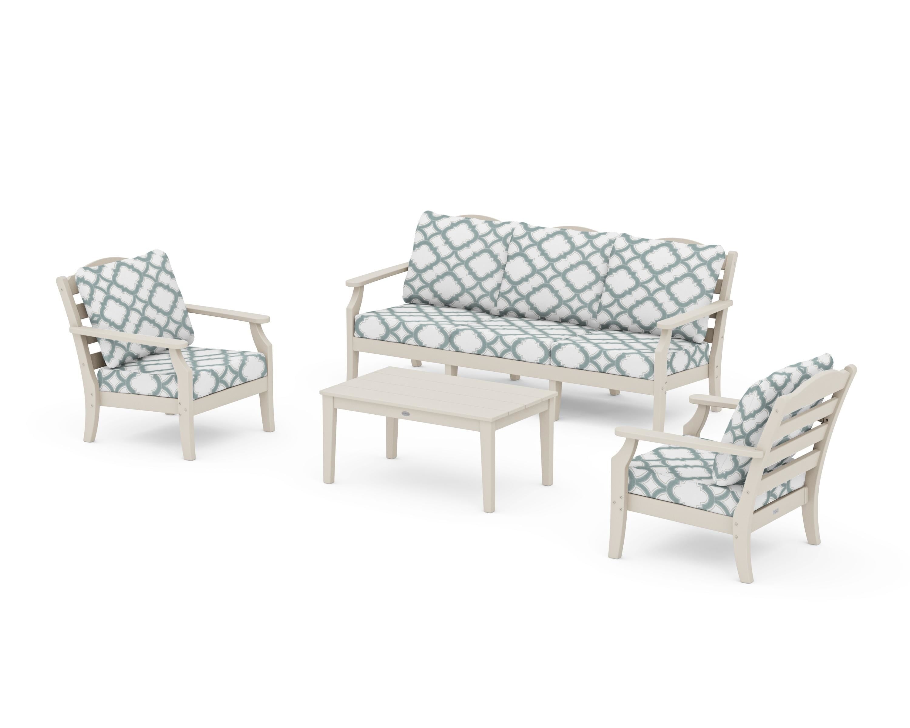 Draper James™ by  POLYWOOD® Savannah 4-Piece Deep Seating Set with Sofa in Sand / Trellis Glacier Spa