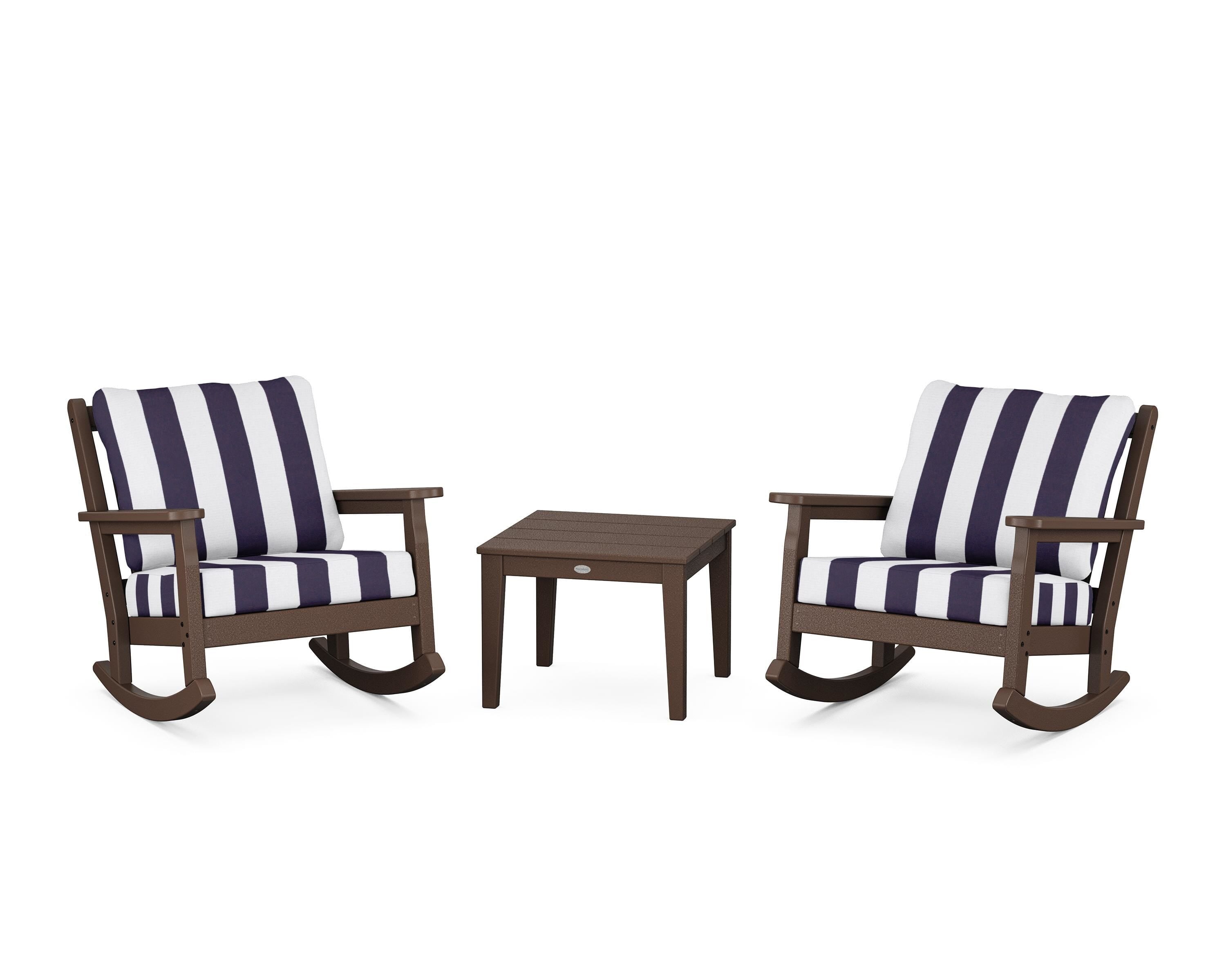 POLYWOOD® Chippendale 3-Piece Deep Seating Rocker Set in Mahogany / Cabana Stripe Navy