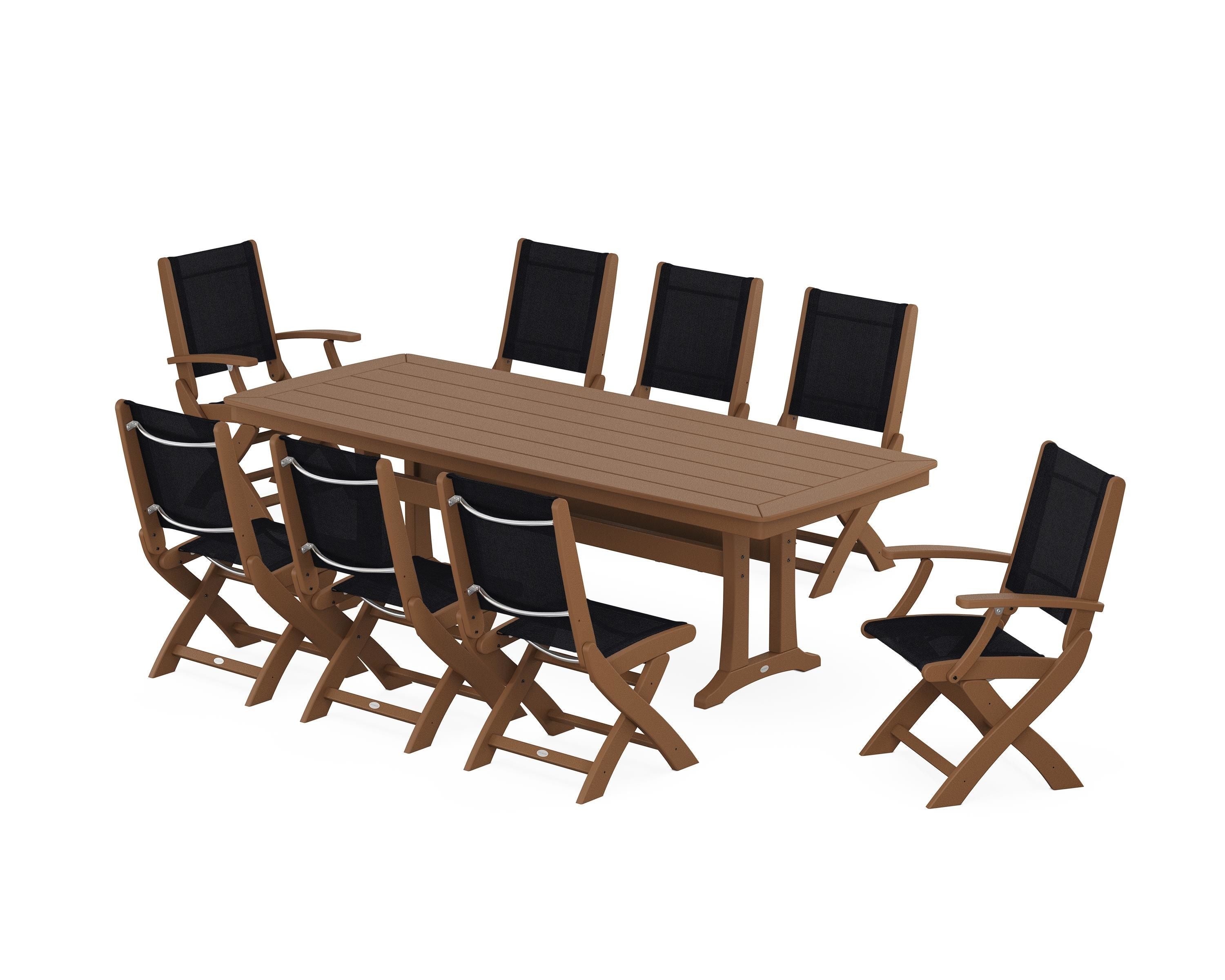 POLYWOOD® Coastal Folding 9-Piece Dining Set with Trestle Legs in Teak / Black Sling