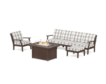 POLYWOOD® Braxton Sectional Lounge and Fire Pit Set in Mahogany / Buffalo Plaid Grey Mist